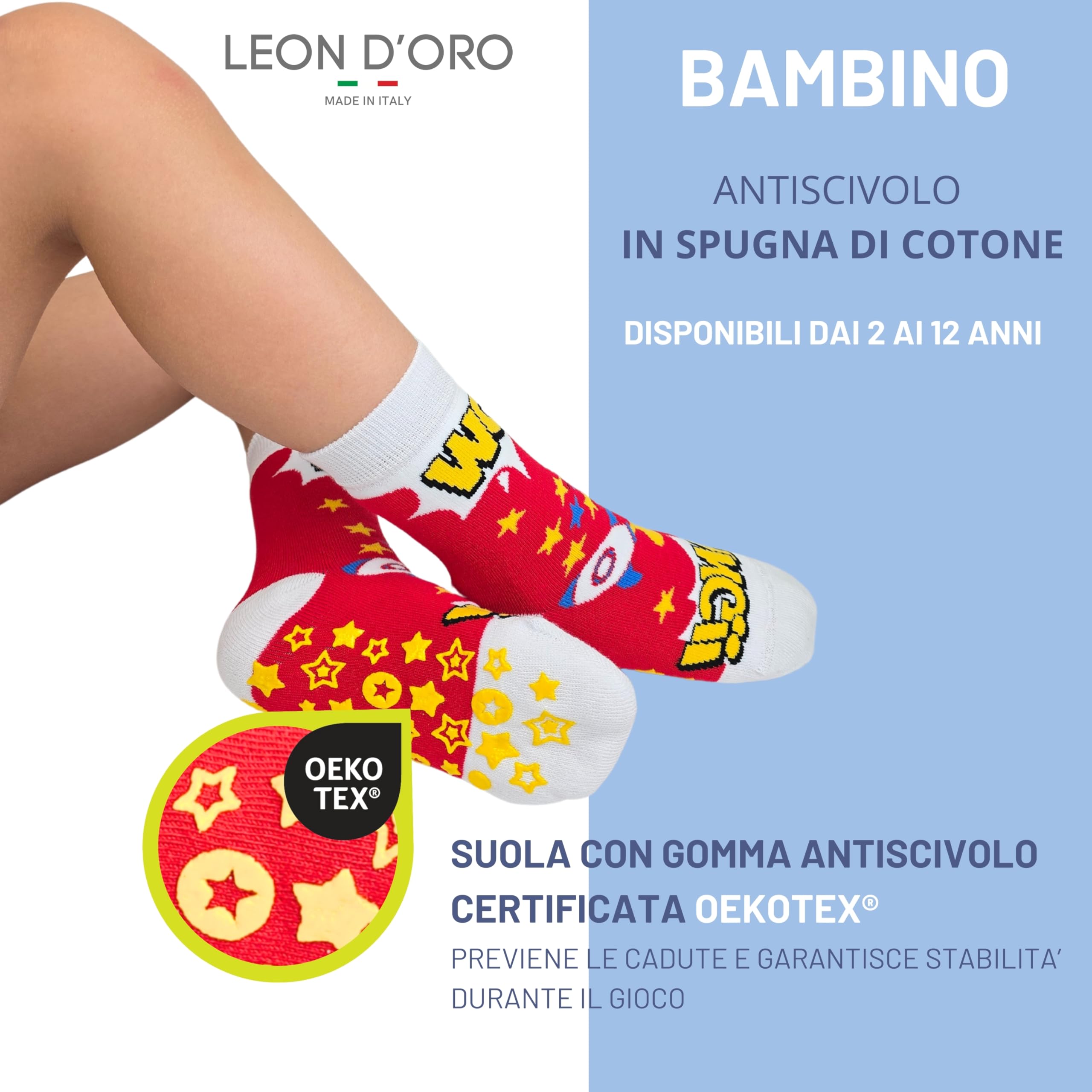 LEON D'ORO Stoppersocken Kinder Kuschelsocken Jungen Dicke Socken Warme Anti Rutsch Wintersocken Bettsocken Haussocken hergestellt in Italien