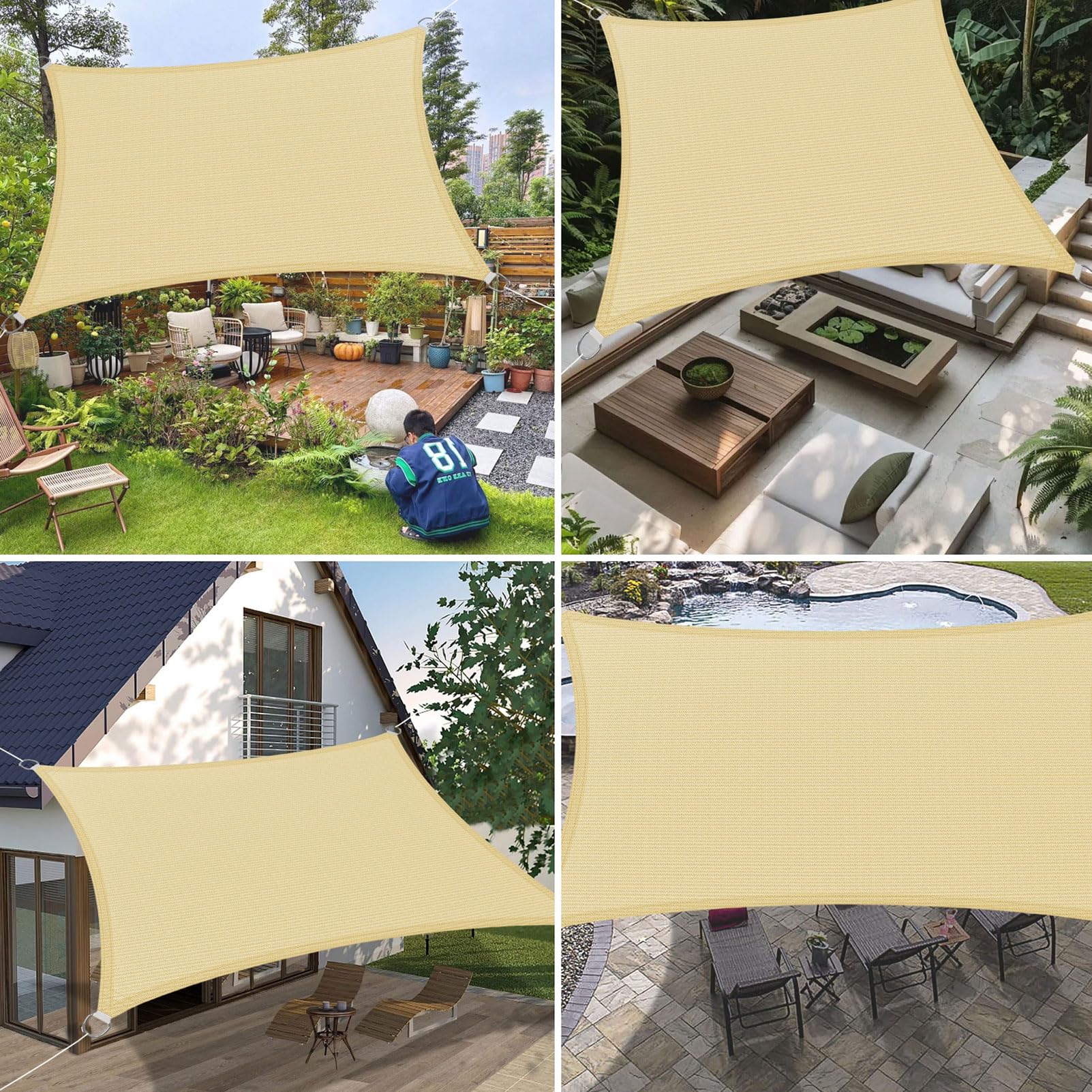 Vela Ombreggiante 400 x 400 cm Rettangolare Protezione Solare Anti UV HDPE Traspirante Telo Ombreggiante con Fune e Anello D per Giardino, Terrazza, Cortile (Personalizzabile), Color Crema