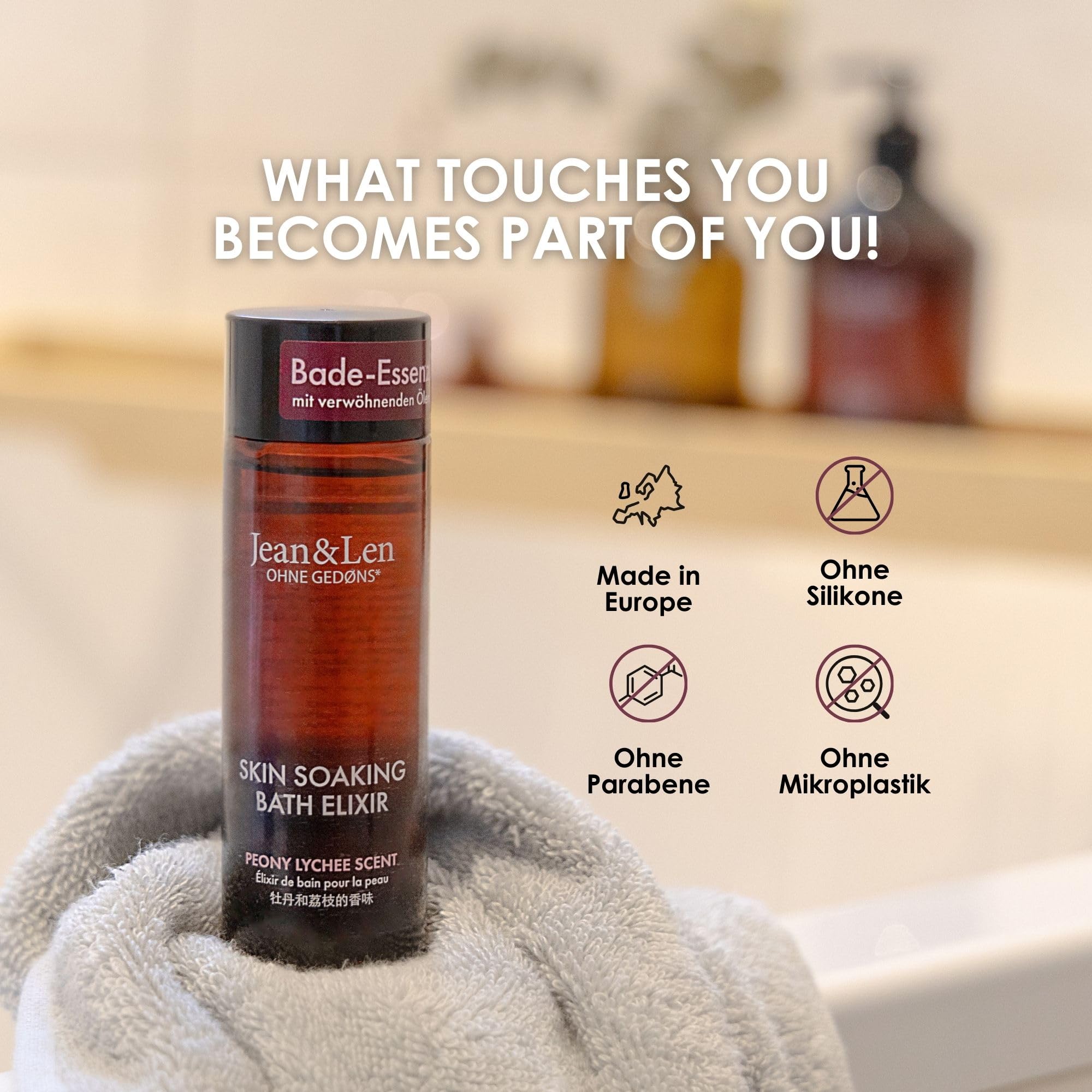 Jean & Len Bath Elixir Peony & Lychee, z naturalnymi olejkami, pozostawia przyjemne uczucie na skórze, kwiatowy zapach, olejek do kąpieli do wszystkich rodzajów skóry, bez parabenów i silikonów, 100