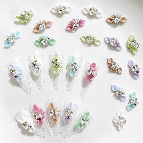 Miniatura 8 de XEAOHESY 20 dijes de flores 3D para uñas, gemas y diamantes de imitación para uñas, incrustaciones de perlas, cuentas de cristales, flores acrílicas