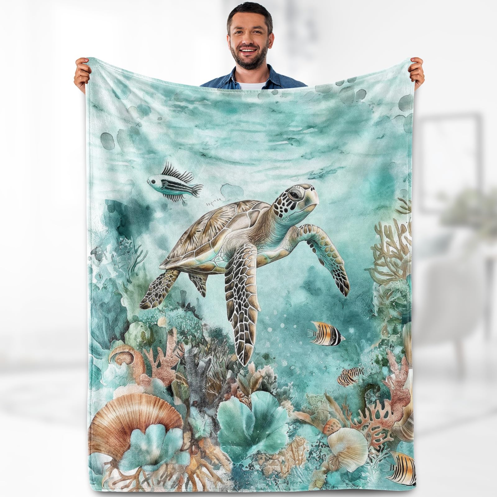 Aimego Sea Turtle Blanket Gifts for Kids Adults Ocean Animal Turtle Lovers Bedroom Living Room Decor Throw Cozy Bed Couch Fleece Blue Sea Lightweight