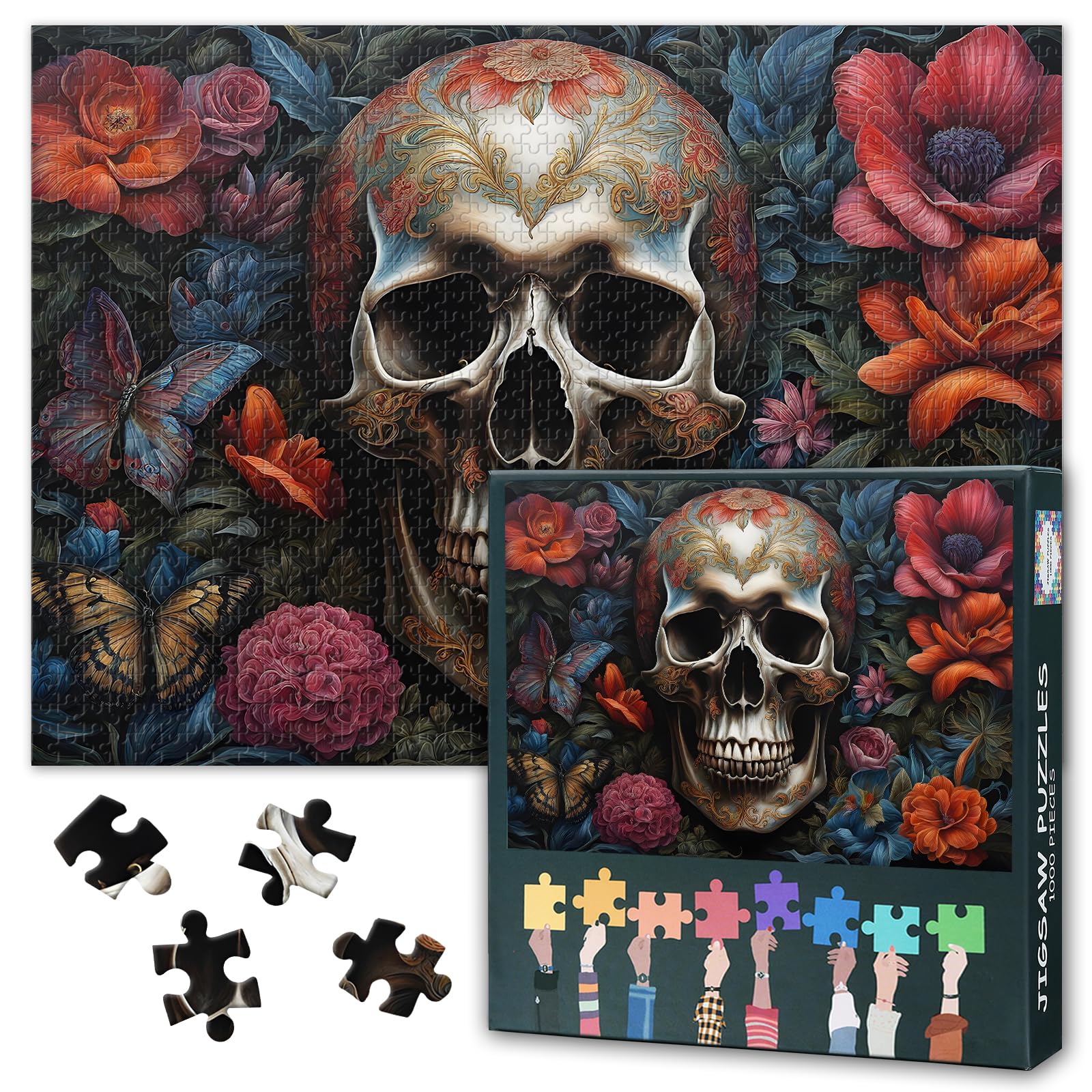 1000 Piece Jigsaw Puzzle for Adults Skull with Flowers Jigsaw Puzzles Impossible Challenge Game Skull Surrounded by Colorful Flowers Puzzles Perfect for Family Game Night 27.5"X19.7"