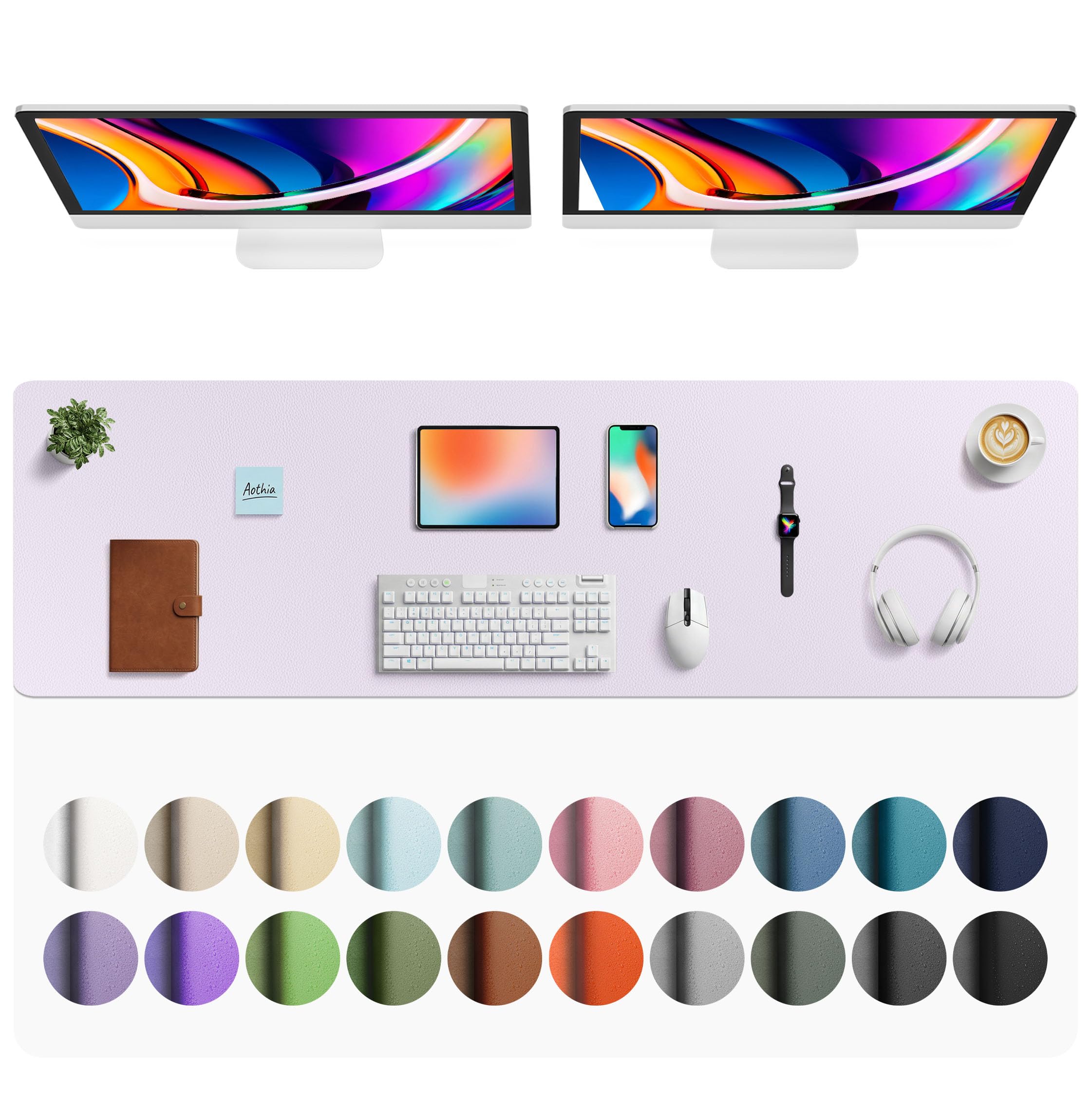 Aothia Faux Leather Desk Mat - Large Mouse Pad, Non-Slip PU Leather Blotter, Waterproof Writing Surface for Office and Home (Soft Lavender, 63" x 17")