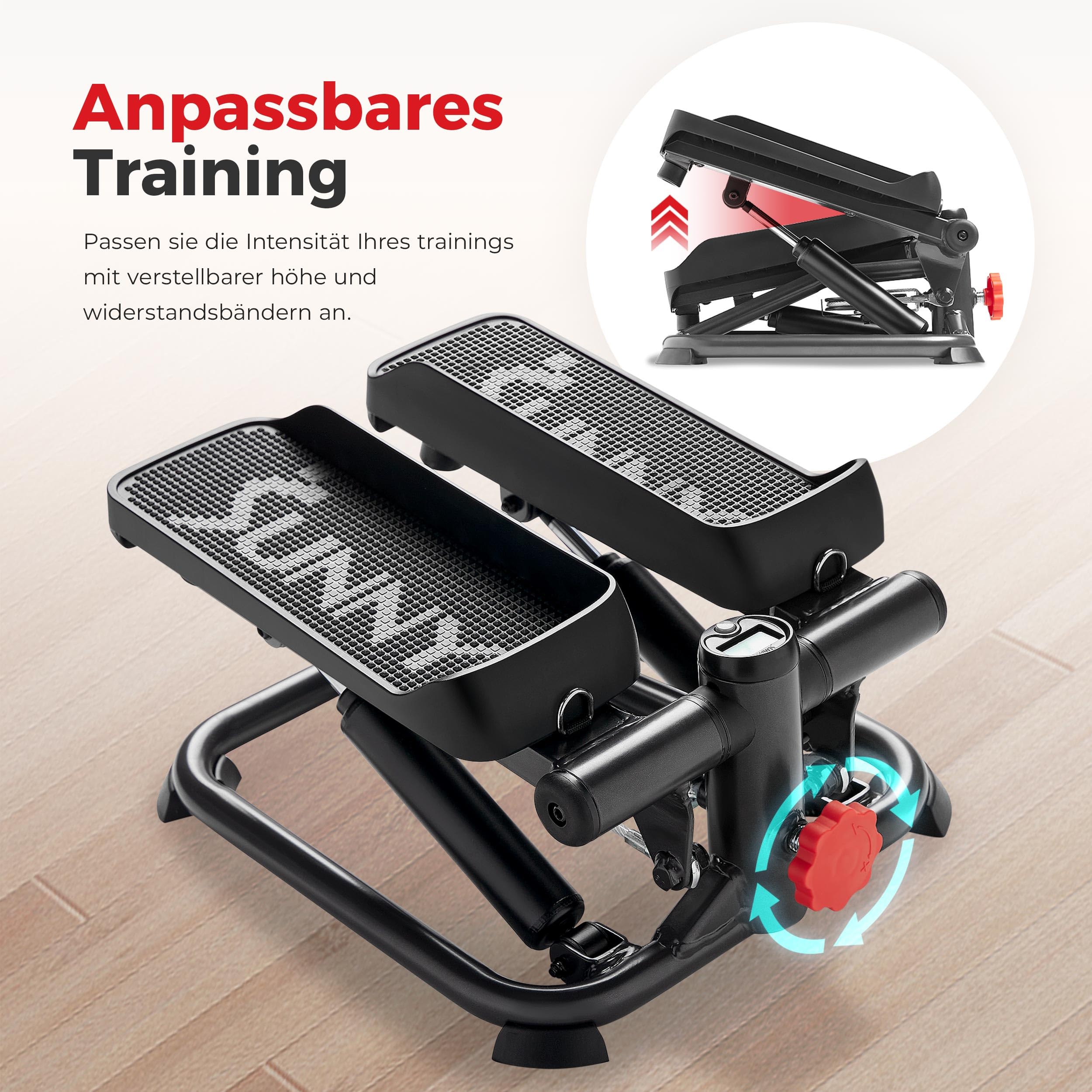 Sunny Health & Fitness Stepper für Zuhause, Ministepper für Home Gym, Kompakter Sportgeräte für Ganzkörper-Cardio mit Optionaler Twist-Bewegung, Widerstandsbändern und Kostenloser SunnyFit App