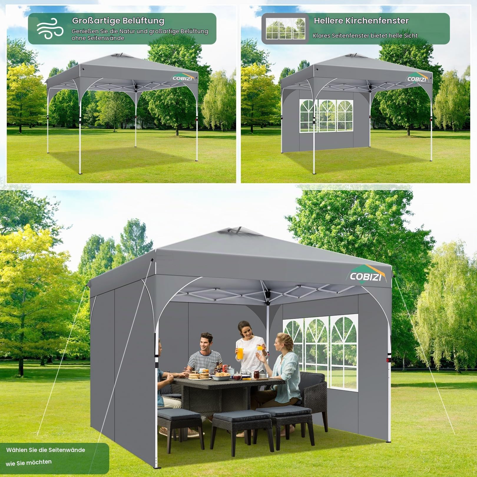 TOOLUCK Pavillon 3x3 Wasserdicht Stabil Winterfest Faltpavillon Gartenpavillon Partyzelt Pop Up Pavillon Klappbar UV Schutz 50+ Höhenverstellbar mit Entlüftung & 3 Stoffstücken&4 Sandsäcke， Grau