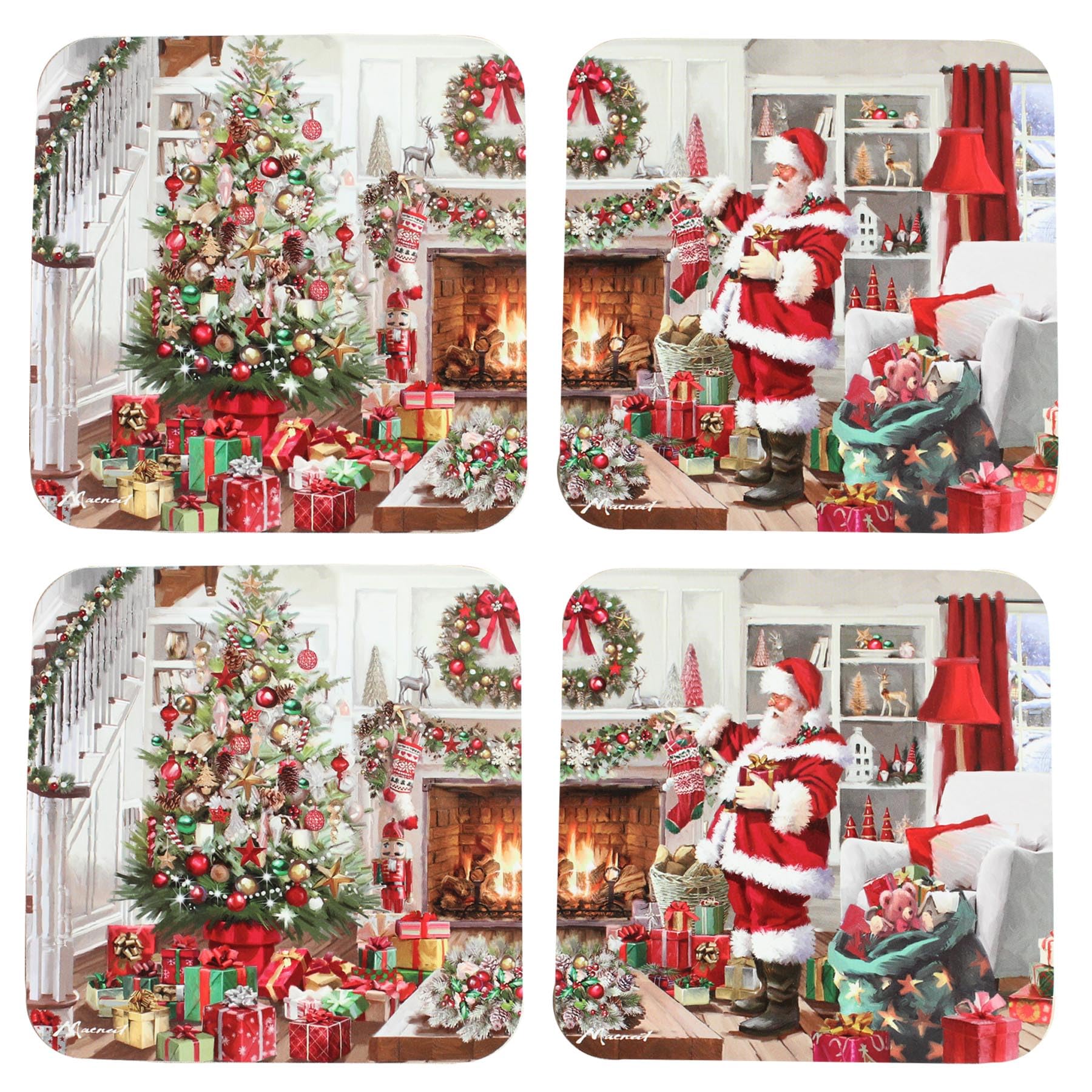 Widdle Gifts Multicolor Set 4 Christmas Coasters Gift Boxed Tableware - Santa By The Fire Design 1359