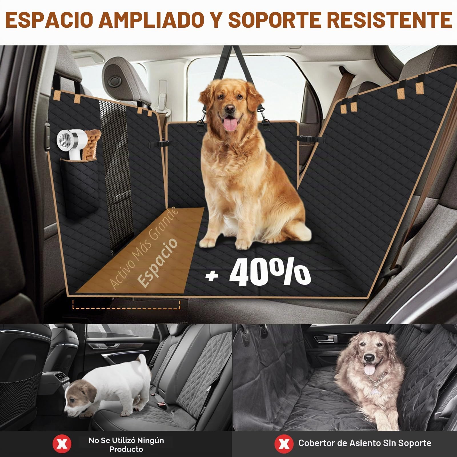 Protector de Asiento para Mascotas con 4 Bases de Madera Reforzada - Funda Coche Perro Impermeable 3 en 1, Antideslizante, Antiarañazos, para SUV/Sedán/Camionetas (L, Negro)