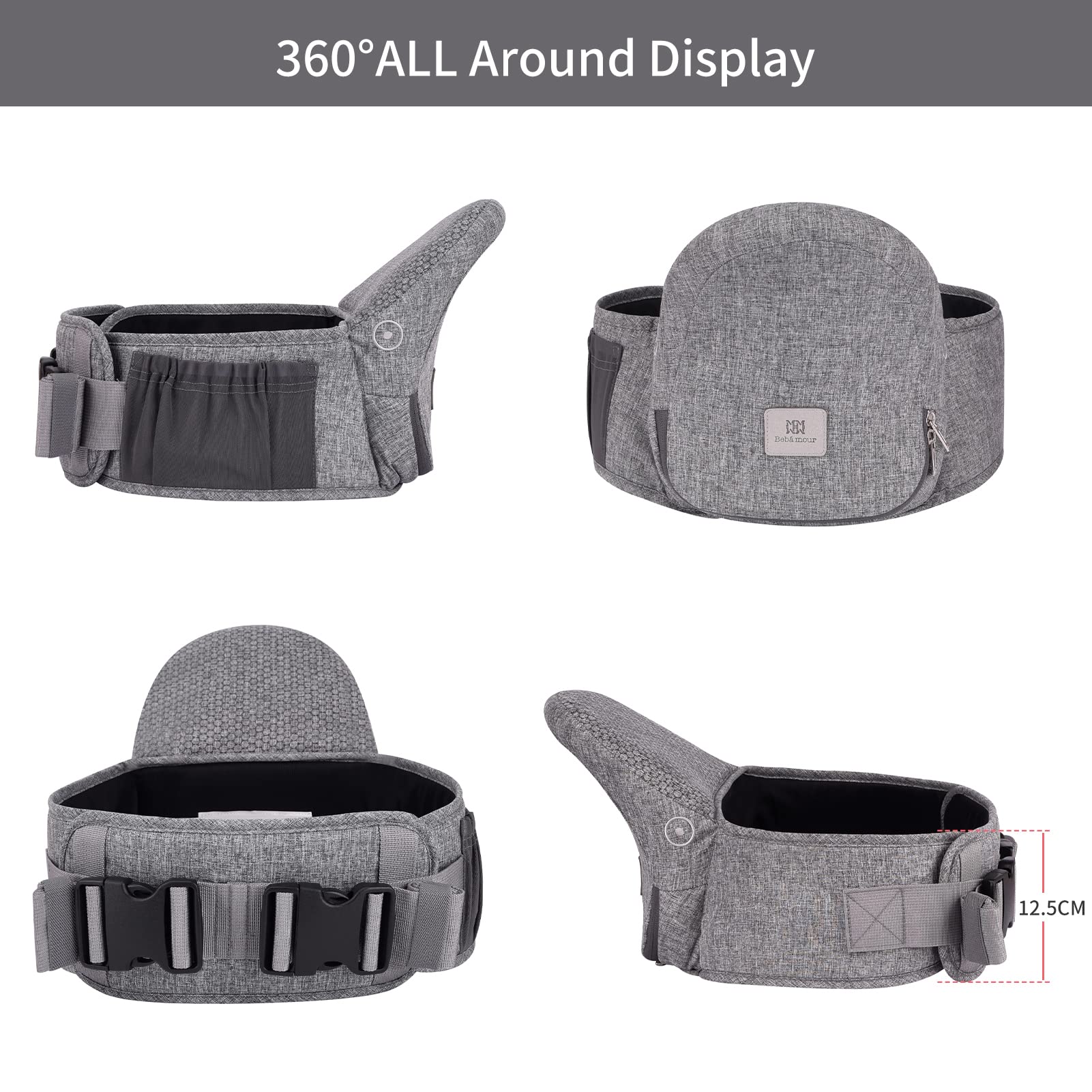 Bebamour Hipseat Nosidełko dla niemowląt 0-36 miesięcy, lekki, regulowany, podtrzymujący plecy stołek w talii, nosidełko 3 w 1 dla noworodka do fotelika dla malucha (New Light Grey)