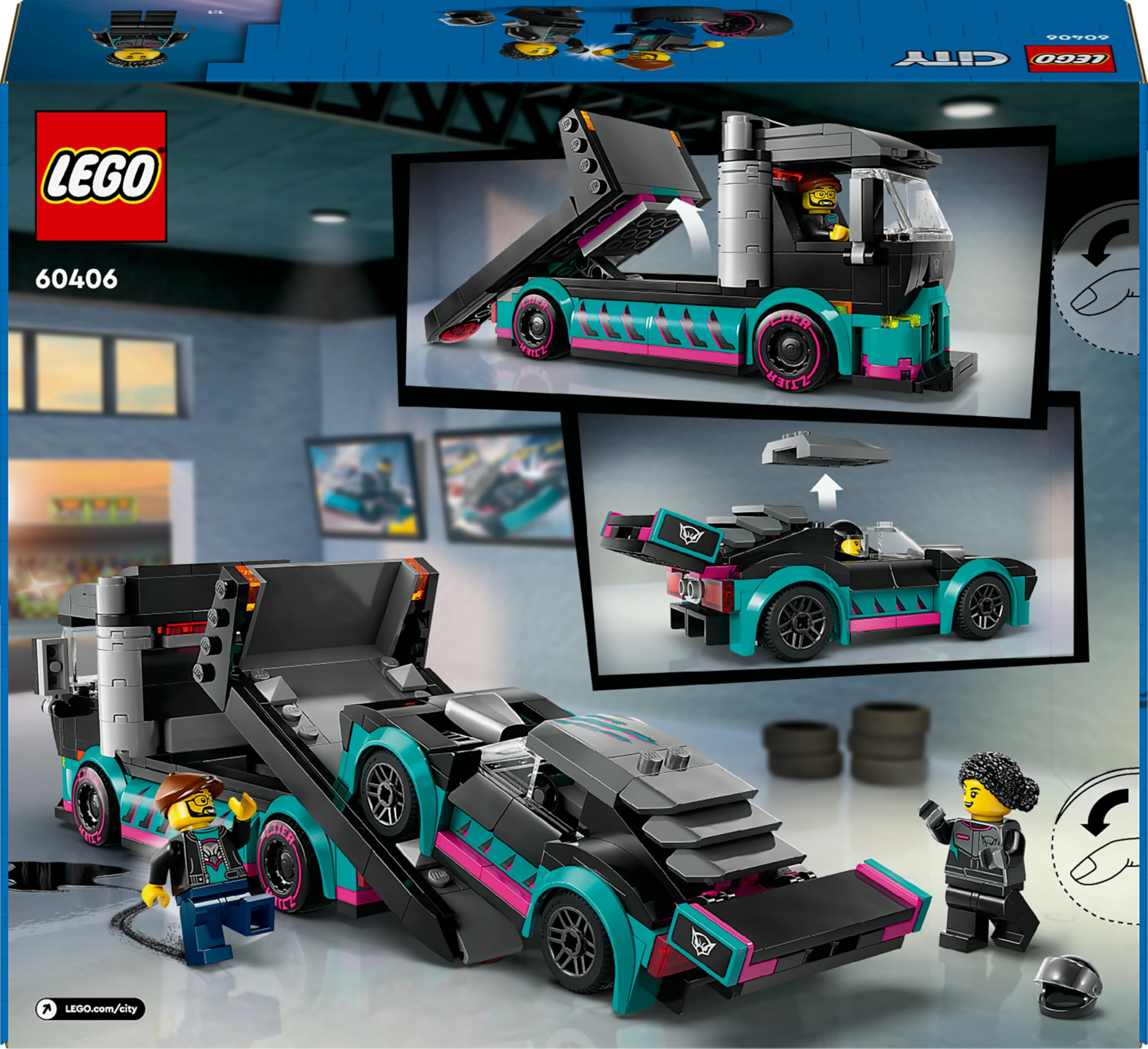 LEGO City Coche de Carreras y Camión de Transporte de Juguete, Juego de Construcción con Vehículo de Competición, Minifiguras de Piloto y Camionero, Regalo para Niños y Niñas de 6 Años o Más 60406