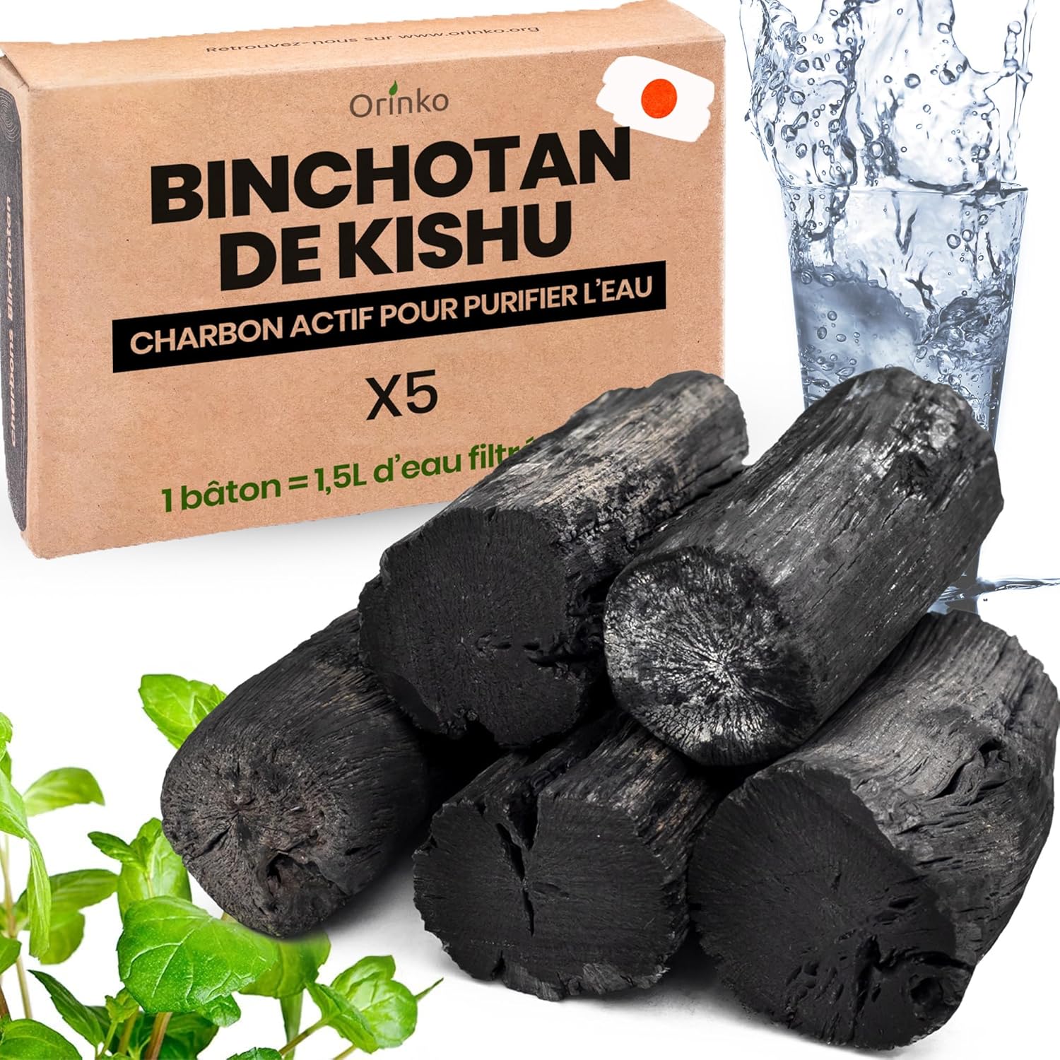 ORINKO Organic Binchotan Water Activated Carbon x5 – Powerful Natural Filtration 2.5L/Stick – Authentic Japanese Oak (Kishu, Wakayama) – Eco Friendly Purifier for Jug, Fountain, Water Bottle – Small
