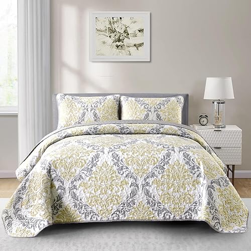 Juego de edredón amarillo tamaño King de 3 piezas de damasco bohemio, juego de edredón de microfibra suave y ligera para todas las estaciones (King,
