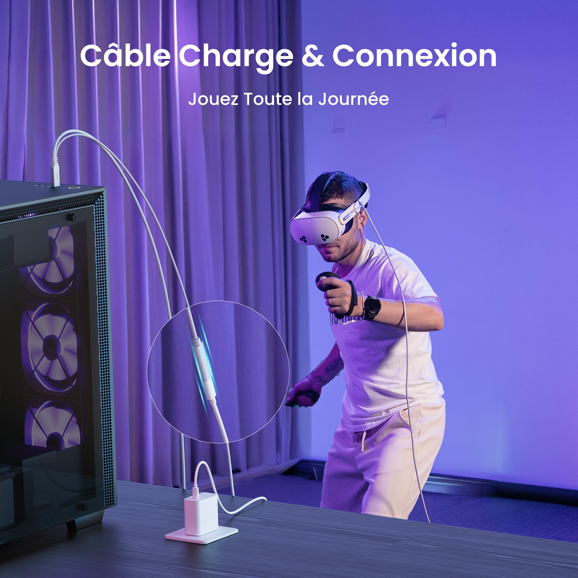 KIWI design Câble Link avec Chargement 5M Compatible avec Meta Quest 3s Quest 3 Quest 2/Pro/Pico 4 Accessoires et PC/SteamVR, Câble USB 3.0 à USB C Link avec Super Rapide 5 Gbps, pour Jeu Prolongé