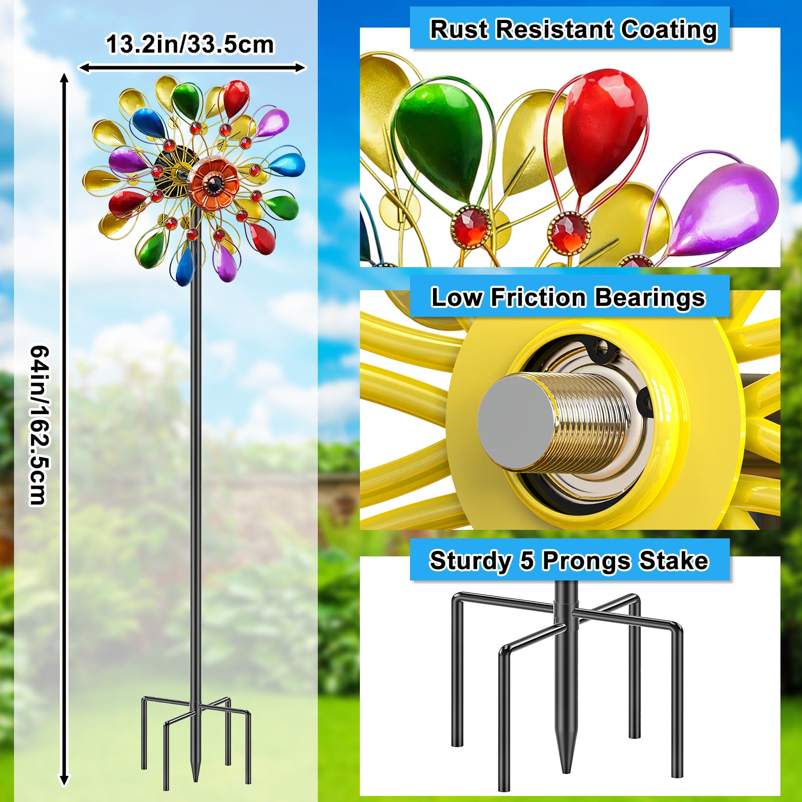 Molinillo de viento de jardín de 64 pulgadas, escultura de viento al aire libre con soporte de base de 5 puntas, molino de viento de metal para decoración de césped y patio al aire libre