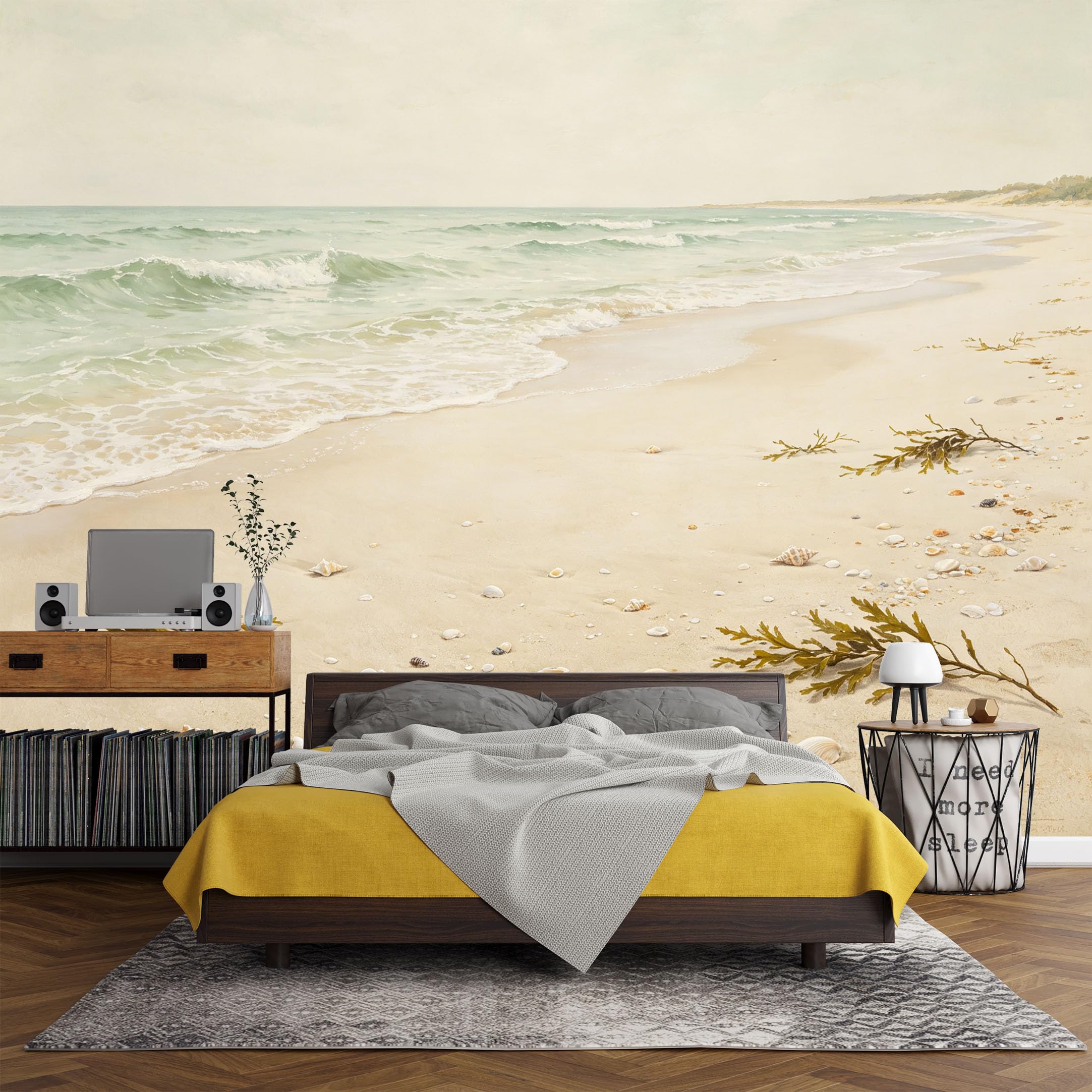 Custom Size Wall Mural， Coastal Beach Seashell Ocean Shore Waves Sand Landscape，SelfAdhesive Art Prints wall Fabric (No PVC) Removable Wallpaper Living Room Decor