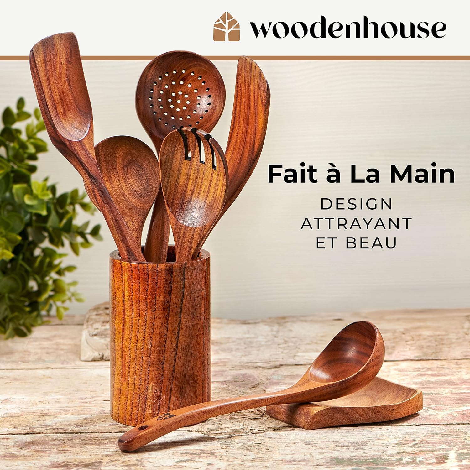 Ustensiles en Bois de Teck avec Support et Repose Cuillère - Cuillères et Spatule pour la Cuisine - Naturels et Sains Antiadhésifs - Ensemble 13 Pièces