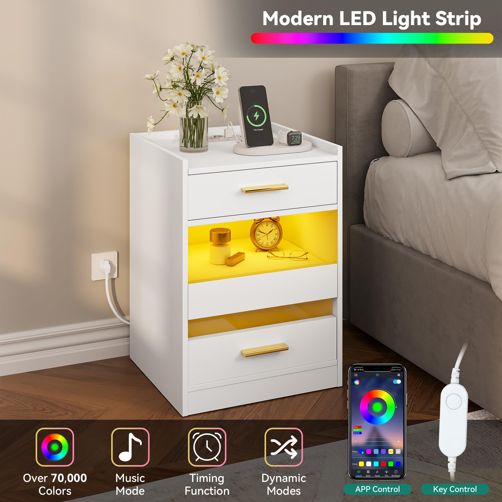 Comodino a due cassetti con striscia luminosa a LED a 7 colori e vetro