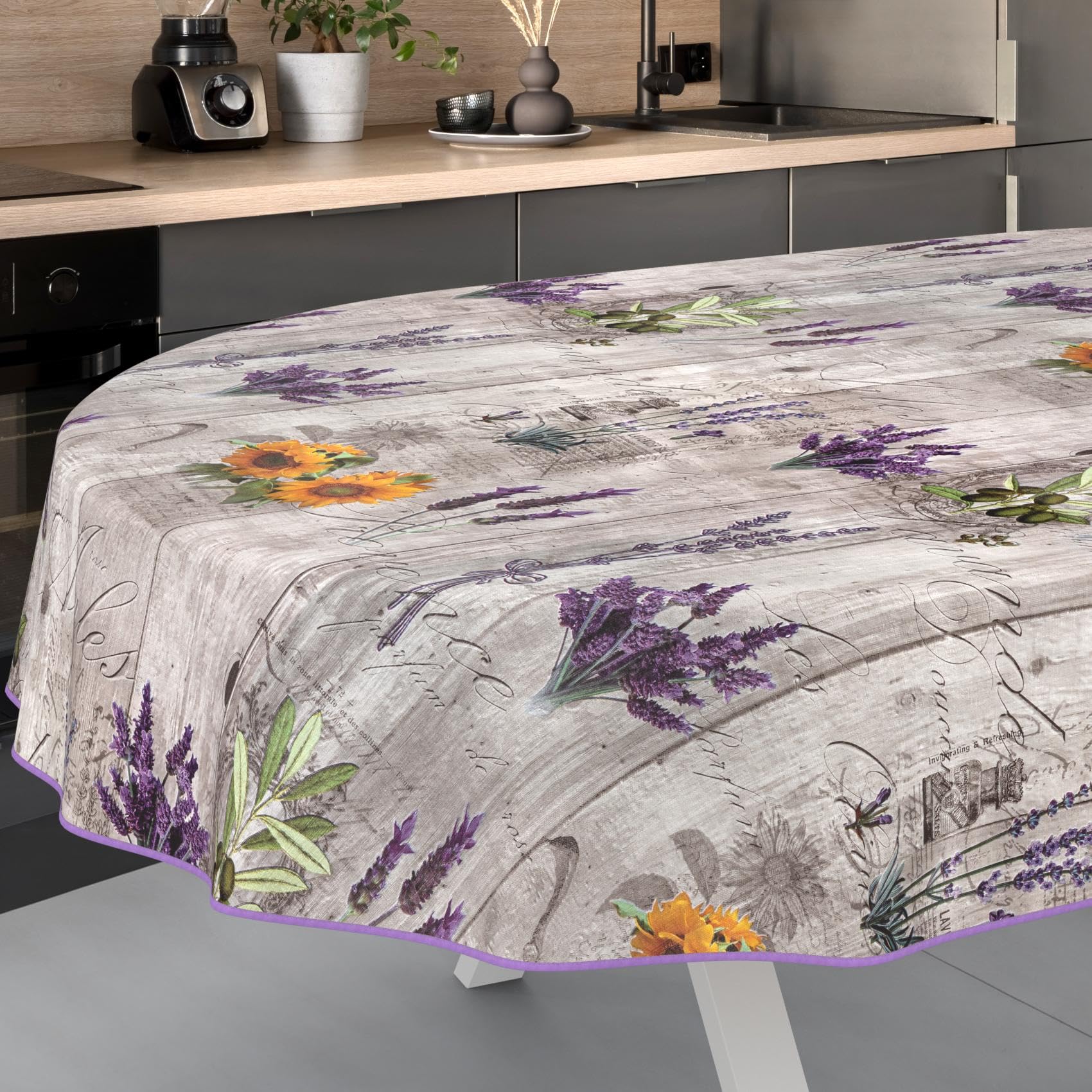 Nappe en Toile cirée - Lavable, Facile d'entretien et imperméable - Effet Lotus - Provence - Ovale - 160 x 140 cm - avec Ourlet (bordée)