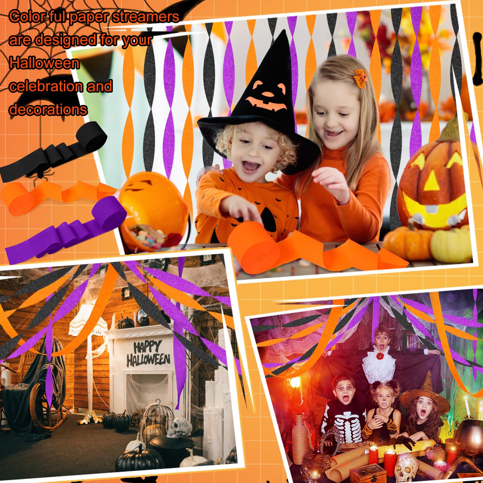 Sherr 24 rollos de serpentinas de papel crepé para colgar, decoración de fiestas, festividades para decoraciones artísticas, decoraciones de cumpleaños, decoraciones de boda (morado, naranja, negro,