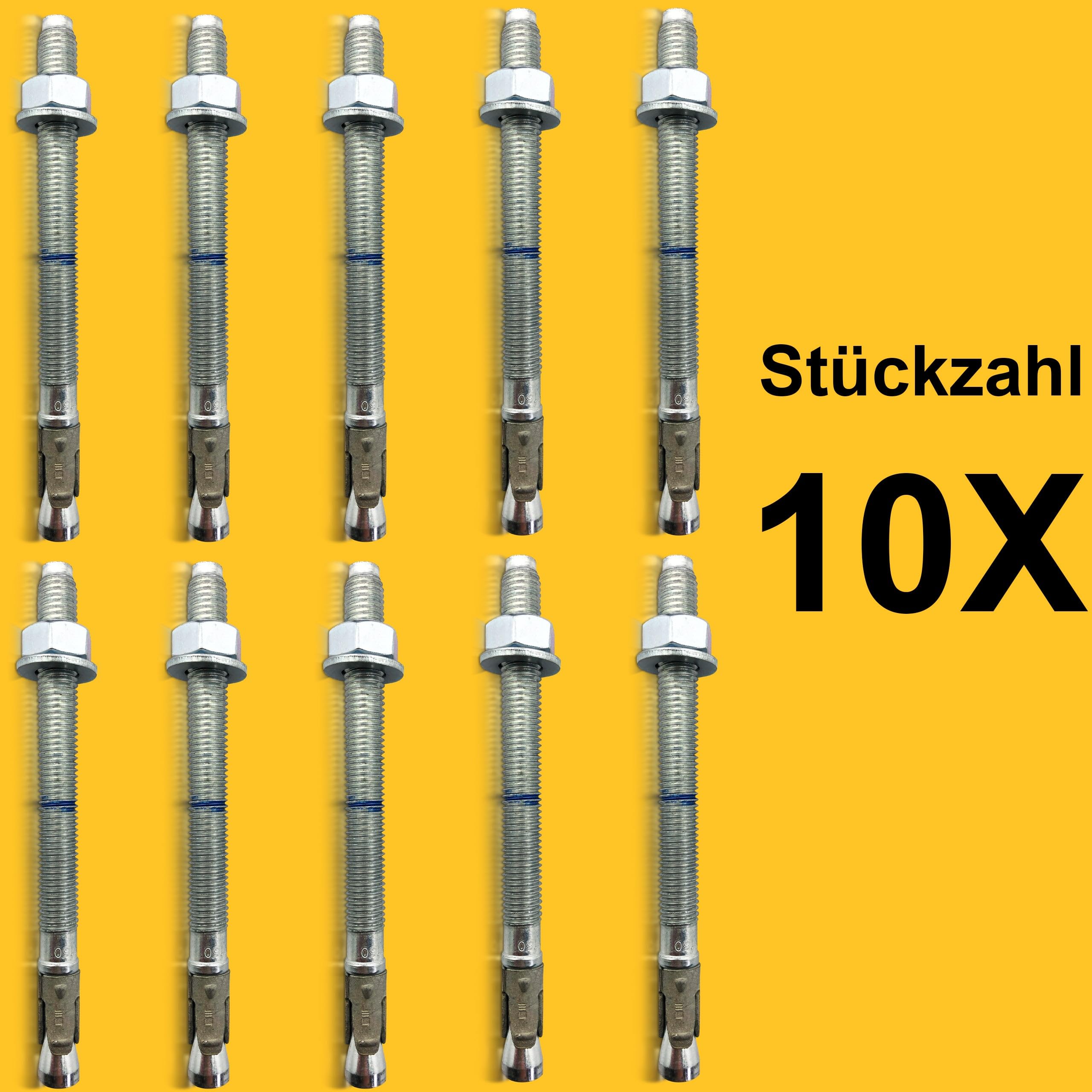 Tasselli professionali per carichi pesanti M12 x 220 – 10 pezzi | zincati – Omologazione ETA | Opzione 1 per calcestruzzo incrinato e incrinato | Ancoraggio per carichi elevati | Bulloni di ancoraggio