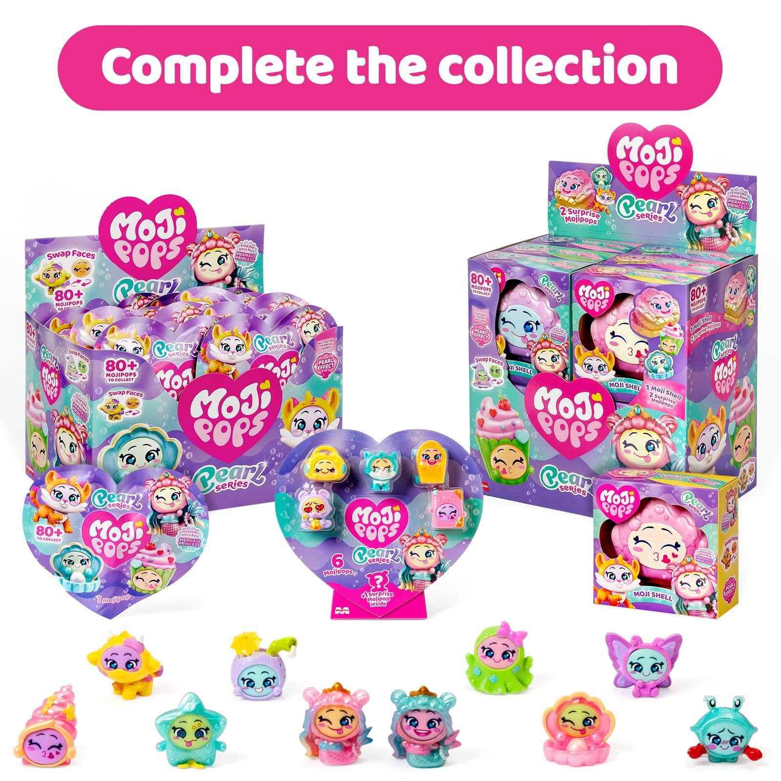 MOJI POPS Pearl Series - One Pack. Pudełko z 24 kopertami niespodzianek z figurkami kolekcjonerskimi z dwustronnymi buźkami. Każda koperta zawiera 1 niespodziankę Mojipop i 1 listę kontrolną