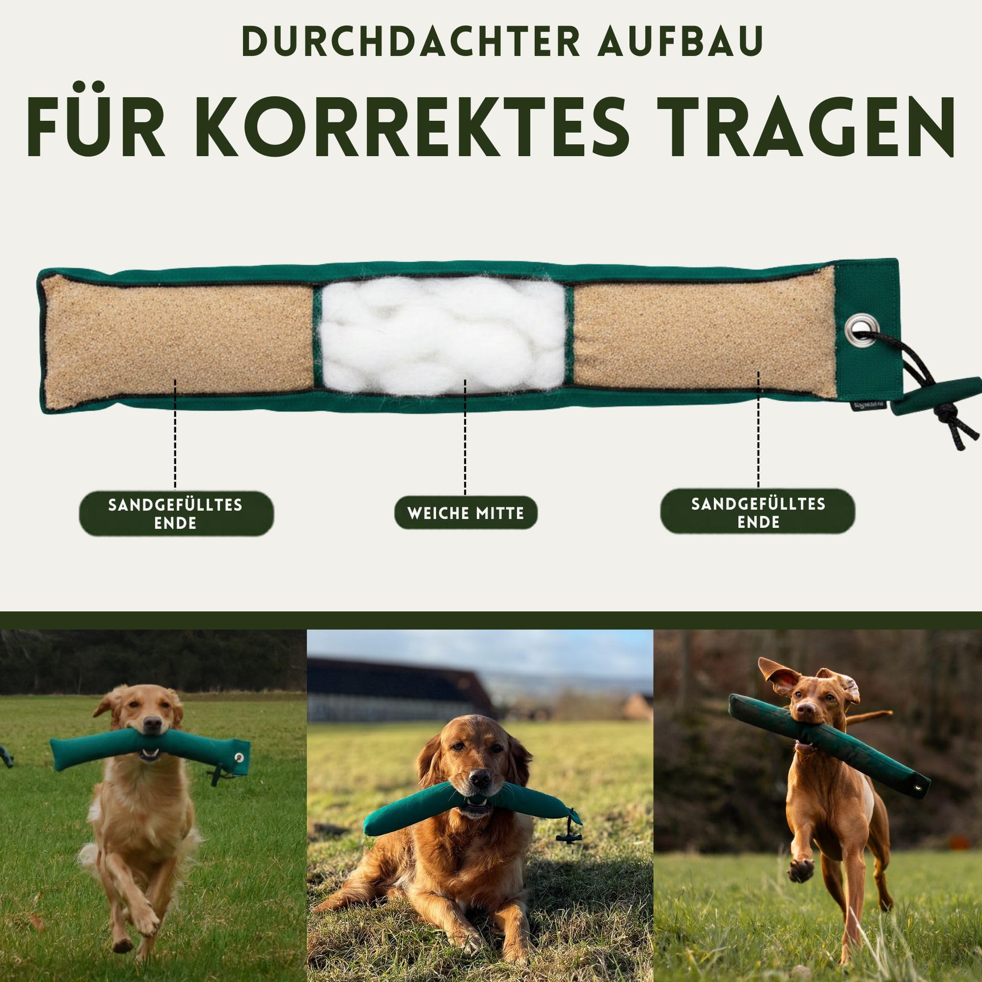 Romneys Game Dummy XL 850 g – School Dummy für Hunde, Apportierdummy aus Canvas, 45 cm Trainingsdummy für mittiges Greifen, Balance & korrektes Apportieren, Dummytraining, Grün
