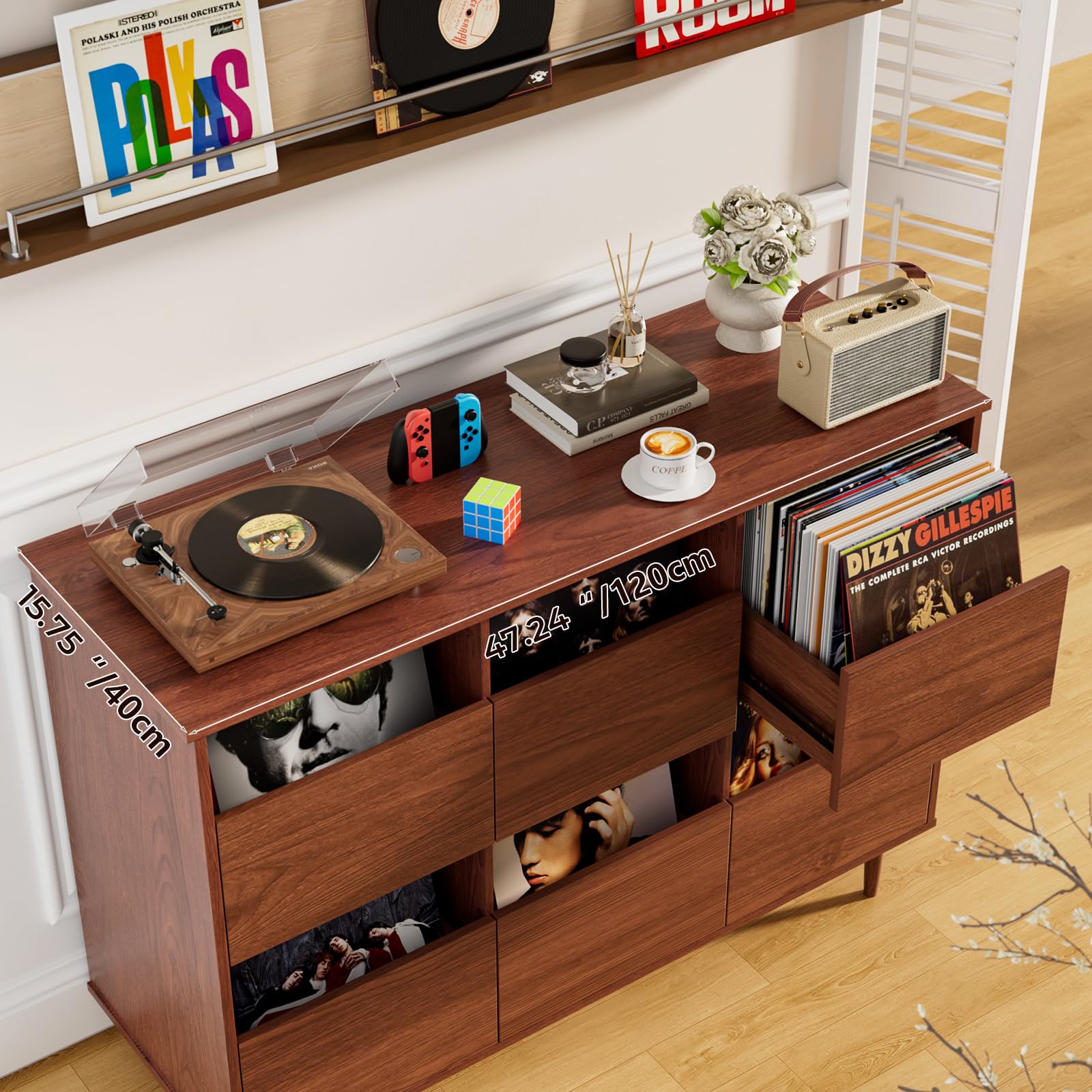 BROTTAR Großer Plattenspieler-Ständer 120 cm, Schallplattenaufbewahrung für 17/25/30 cm Platten, Mid-Century Medienschrank mit Schubladen, Schallplattenhalter für Wohnzimmer & Musikecke, Braun