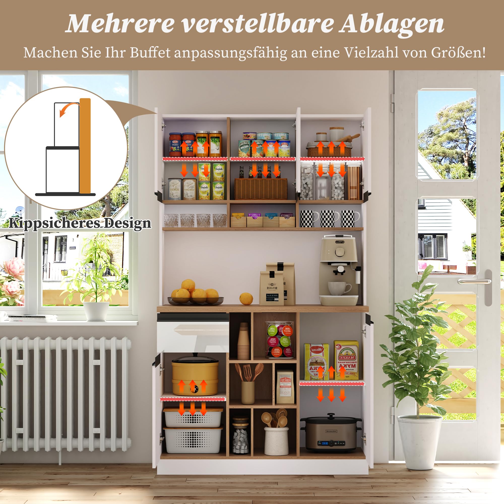 Ball & Cast Küchenschrank, Buffetschrank, Hochschrank mit verstellbaren Einlegeböden, Metallgriffen und Offenem Stauraum, 105x45x185 cm, Weiß