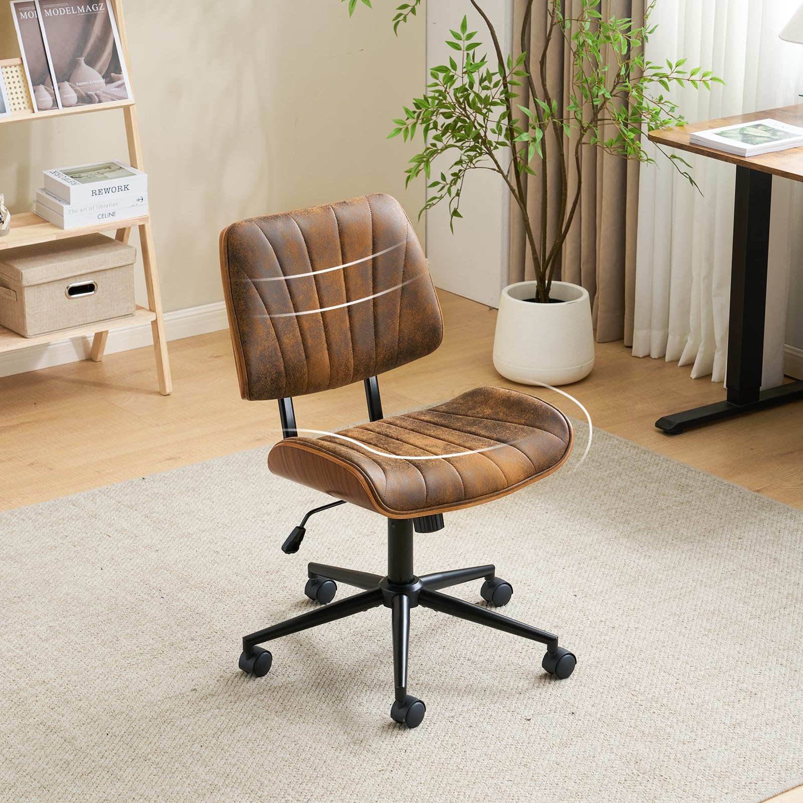 Bonnlo Stylish Walnut Vanity Chair, Dressing Table Chair with Wheels, Wide Curved Seat & Back Armless Ergoromic Adjustable-Height Home Office Desk Chair Perfect for Office, Bedroom, Brown