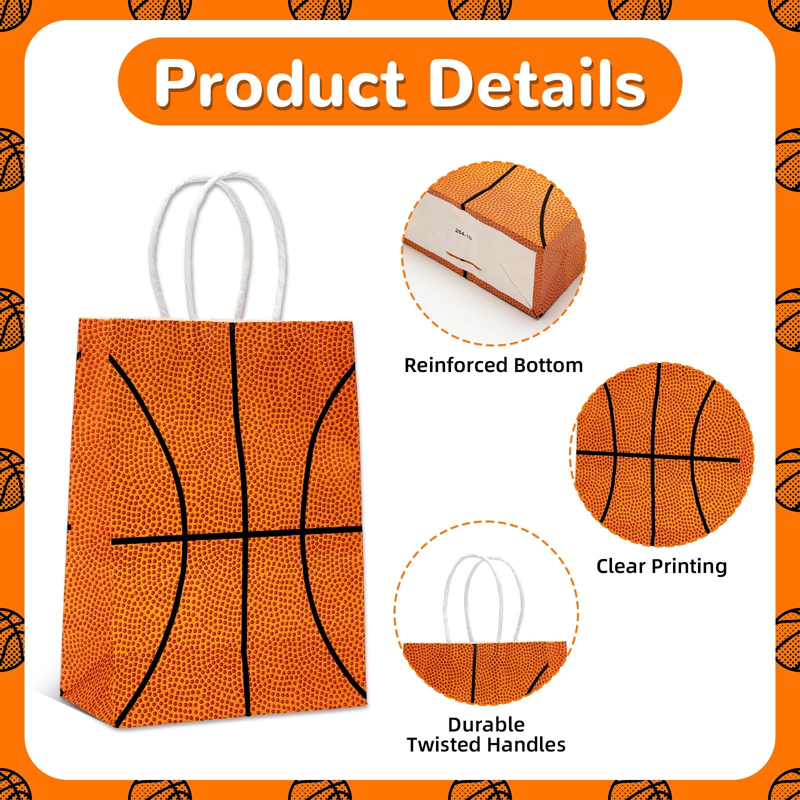 WATMTIN 18 Pcs Basketball Party Gift Bags, Basketball Pattern Gift Bag with Handle, Paper Treat Candy Goodie Bags for Basketball-Themed Party Games Sports Day Birthday Decorations Supplies