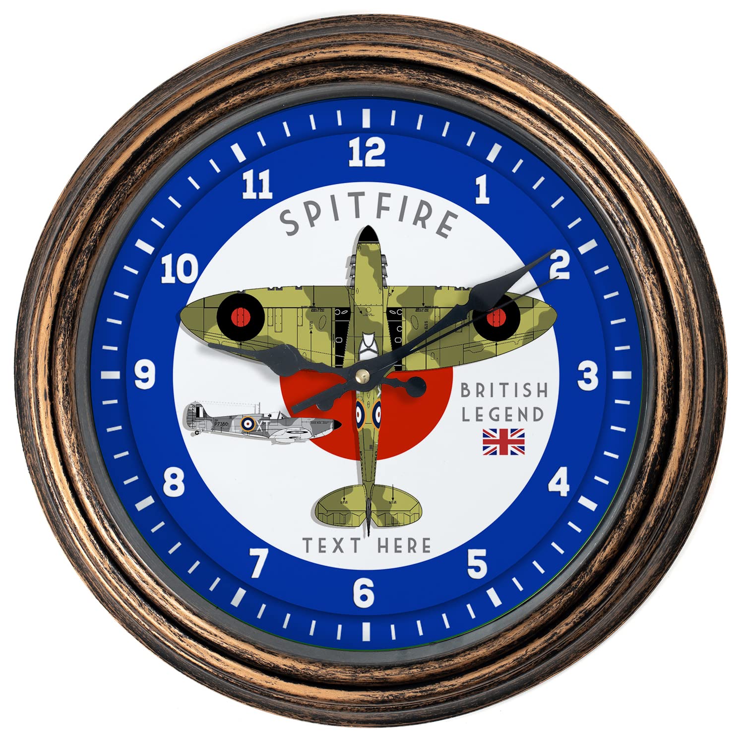 KRAFTYGIFTS Personalised Spitfire Wall Clock Military RAF Bomber Plane Classic Round Hanging Glass Front British Army Clock Veteran Gift BPC10