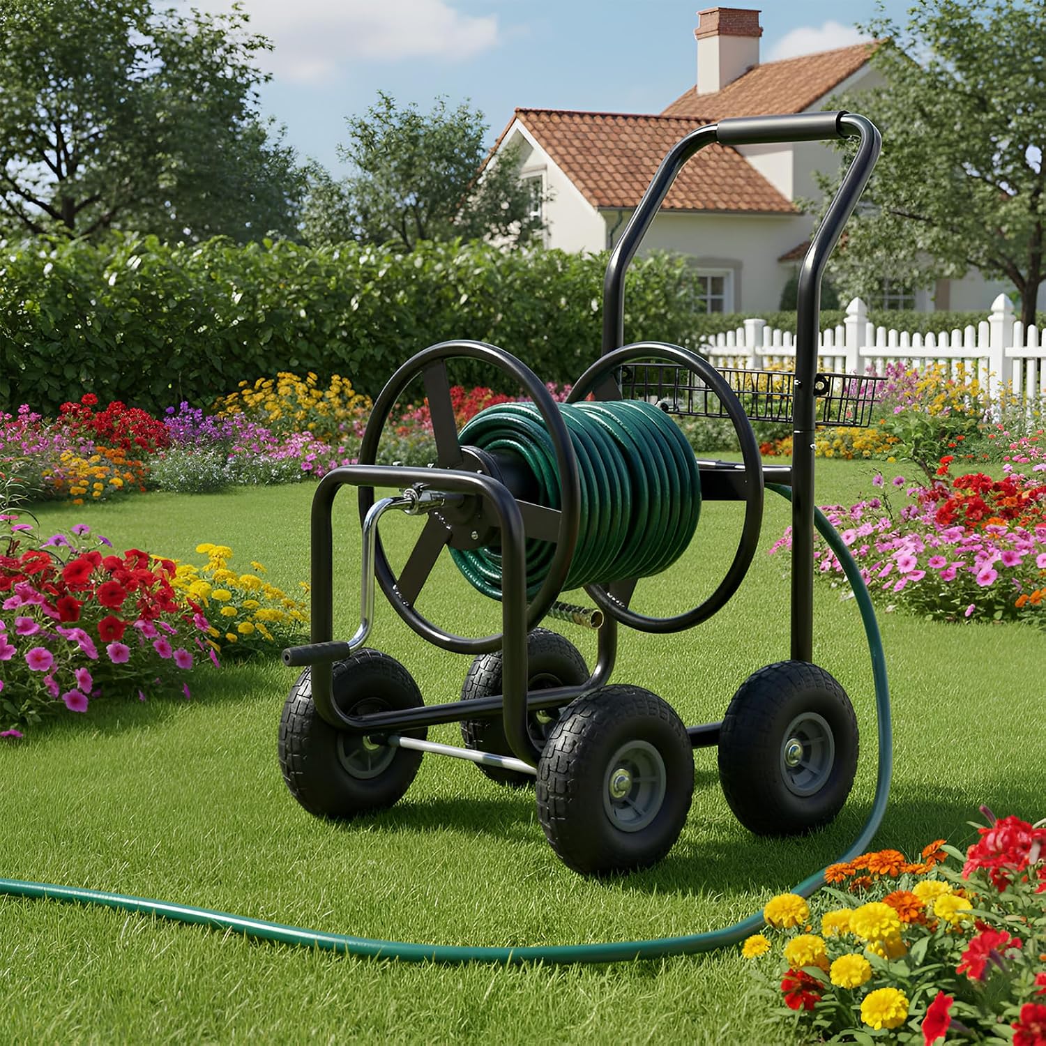 Garden Hose Reel Cart with Wheels Outdoor Watering Cart Holds 300 FT 5/8 Capacity Water Cart for Lawn Patio and Farm with Storage Basket Garden Hose Reels for Easy Watering,Black