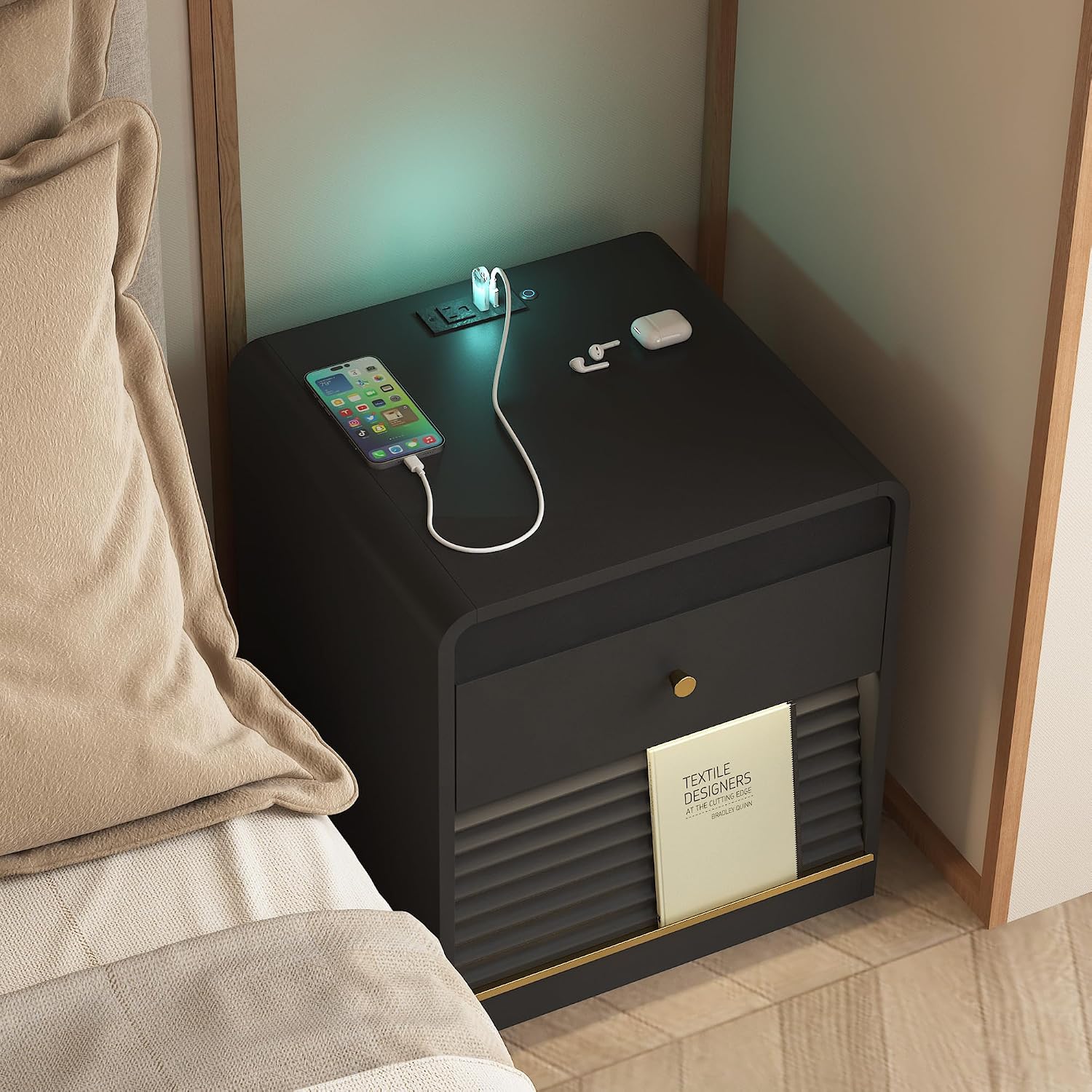 Nightstand with Charging Station, Smart Bedside Table with Voice-Controlled Night Light & 7 Color LED, End Table with USB Ports & AC Outlet, Storage Cabinet for Bedroom, Black (Black)