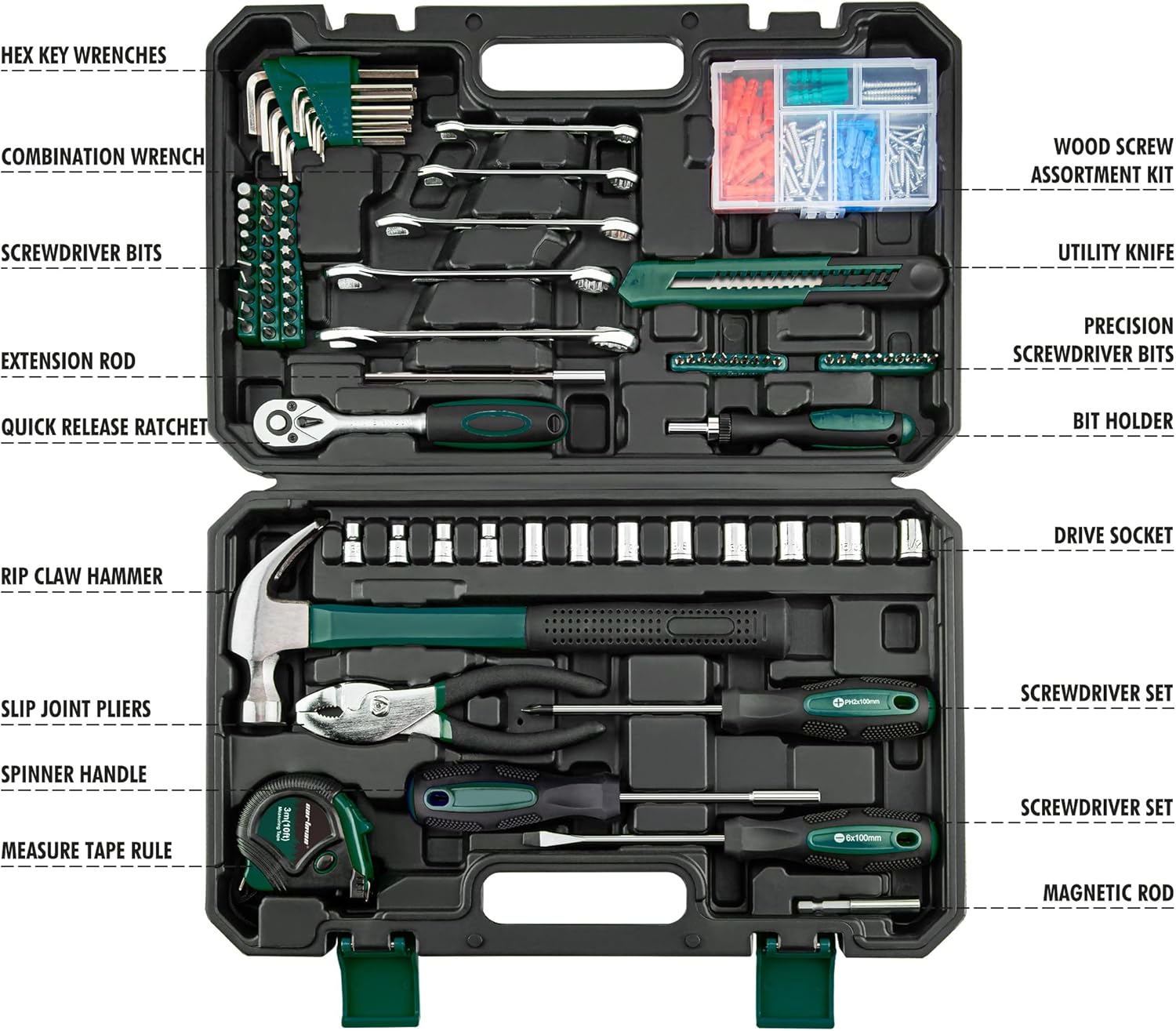 CARTMAN 180-Piece Socket Wrench Auto Repair Tool Combination Package Mixed Tool Set Hand Tool Kit with Plastic Toolbox Storage Case Green