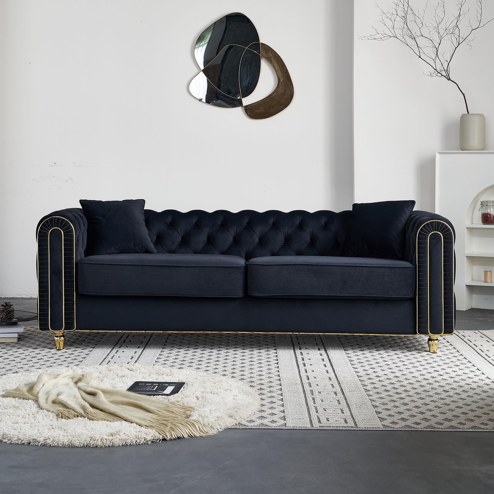 KEIKI 86" Chesterfield Velvet Button Tufted Sofa with High Density Foam Cushions and 2 Toss Pillows, Modern Style 3-Seater Couch with Gold Strip Trim Decoration, Easy Assembly, for Living Room, Black
