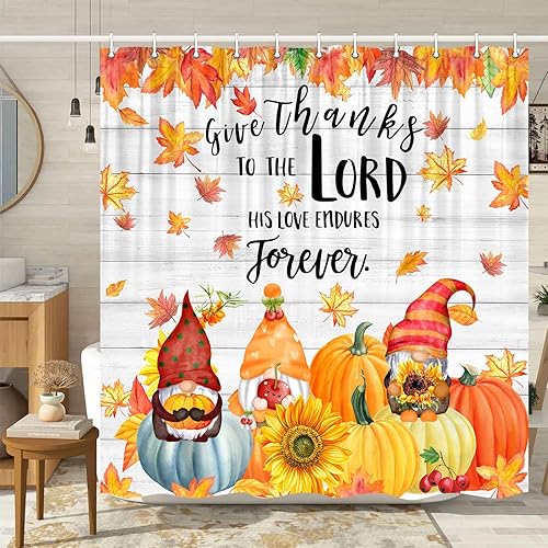 Cortina de ducha de Acción de Gracias, juego de cortina de ducha de madera con ganchos, de hojas de arce de otoño, calabaza de granja con calabaza,