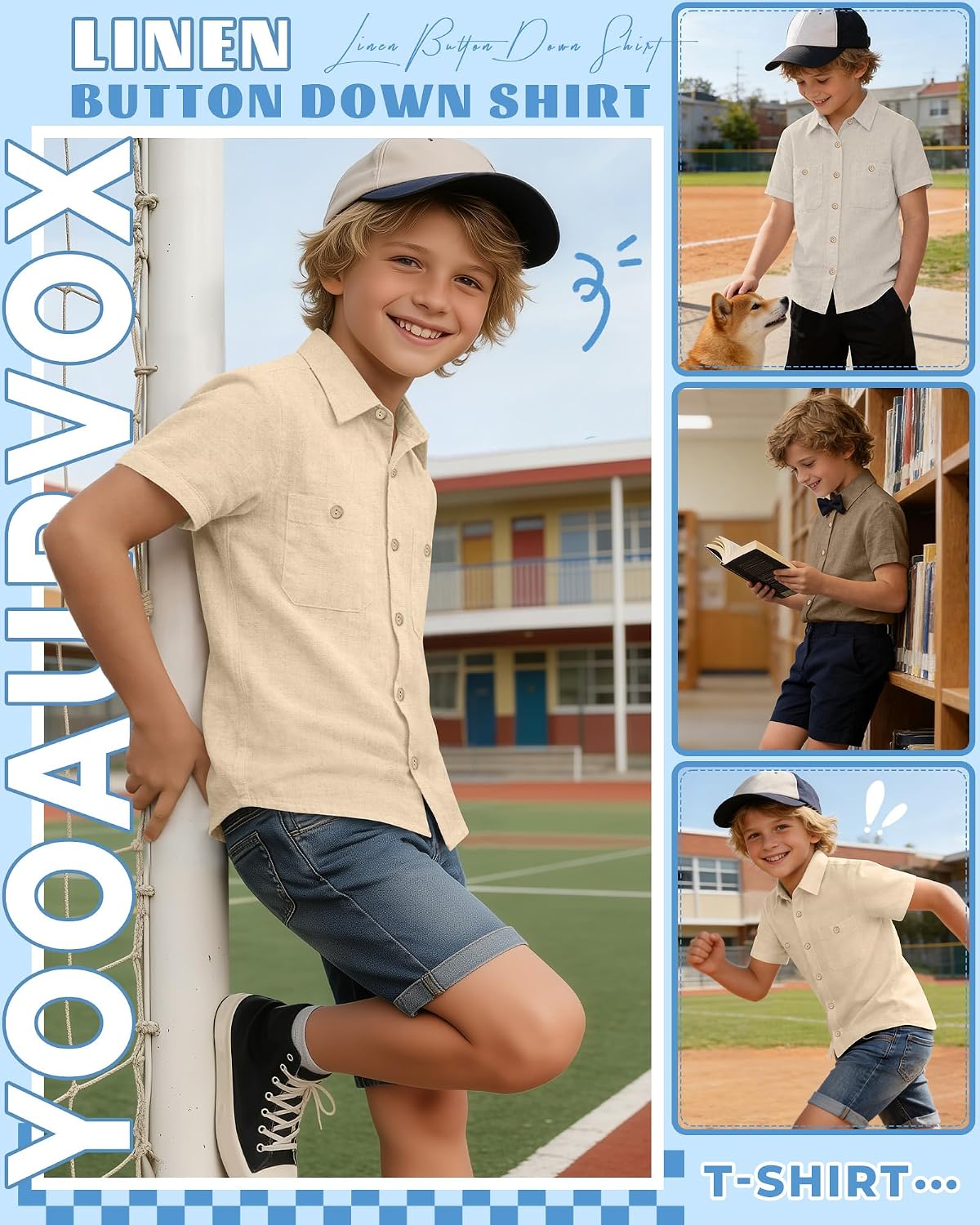 3 Pack Boys' Button Down Shirts Linen Short Sleeve Dress Shirts Kids Summer Casual School Uniform with Two Pockets