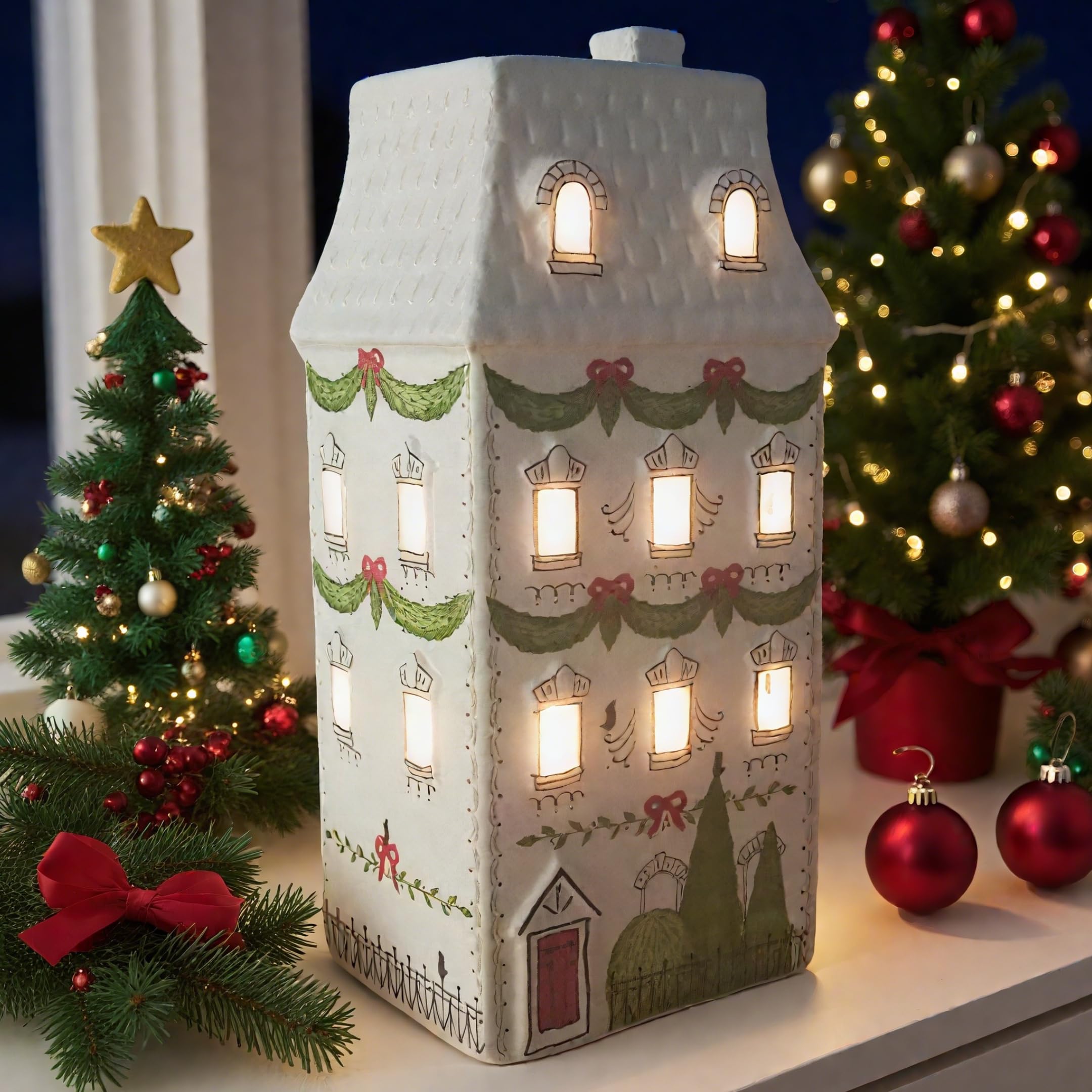Cynkeyee Weihnachtsdorfhäuser, Party-Dekorationen, Weihnachtshaus-Dekoration, weiße Keramik-Dekorationen, Innenregal, Tischdekoration, 10,2 x 8,9 x 21,6 cm