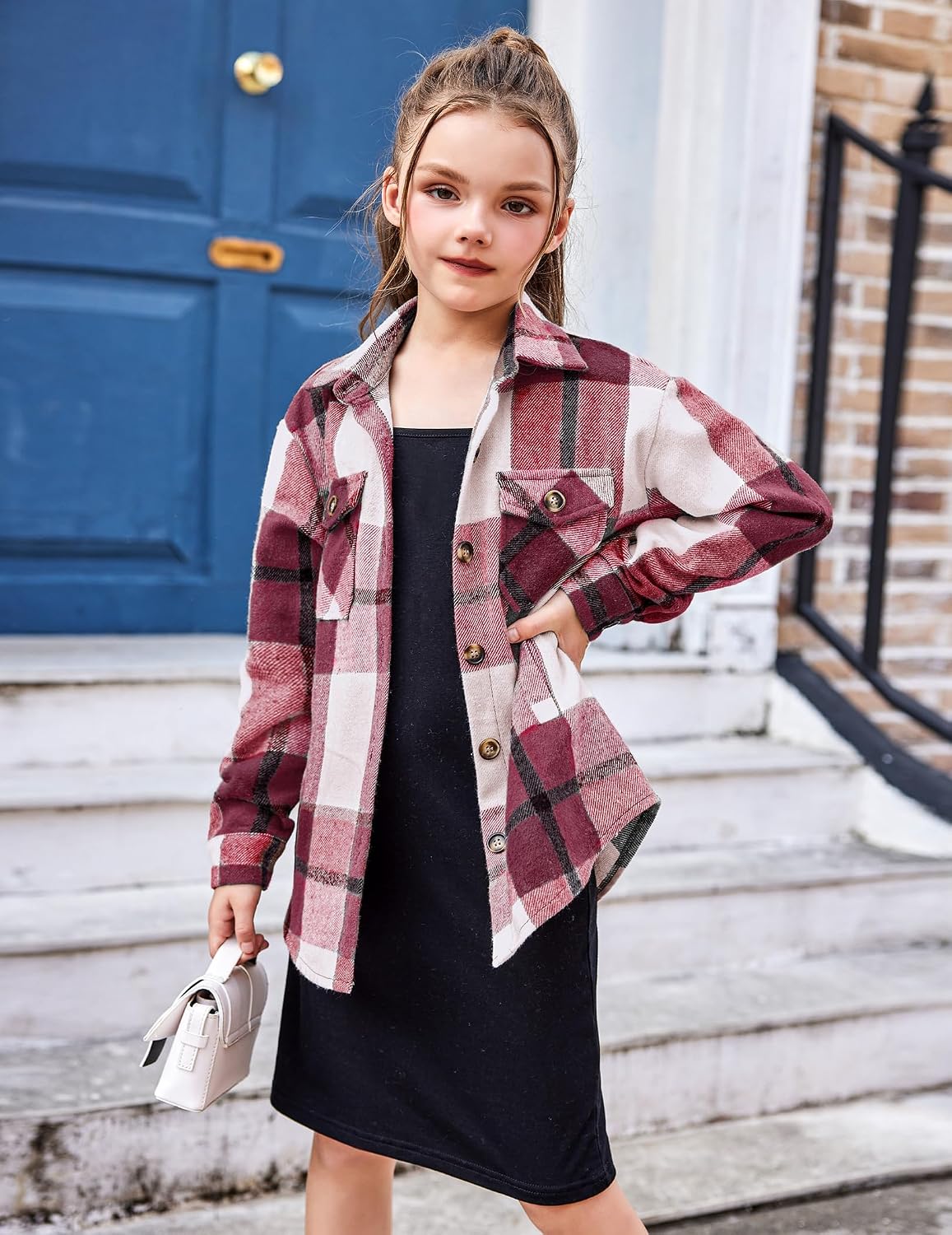 Arshiner Girls Flannel Plaid Jackets Button Down Long Sleeve Shirts Blouses Tops with Pockets Outfits