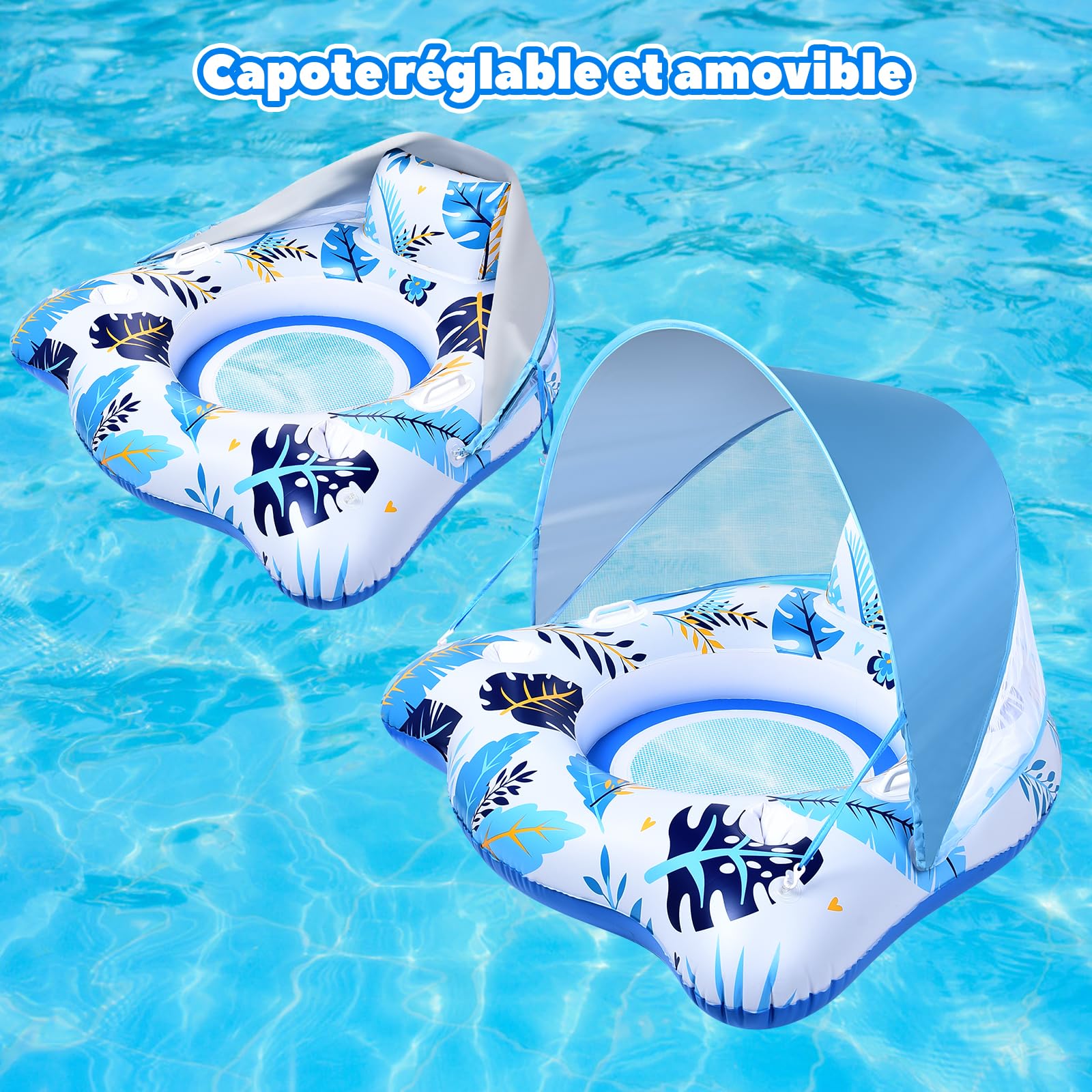 JONRRYIN Bouée Piscine Adulte, Bouée Gonflable Piscine Adulte avec Auvent de Protection, Flotteur Piscine Gonflable avec Porte-Gobelet et Poignées, Géante Piscine Gonflable