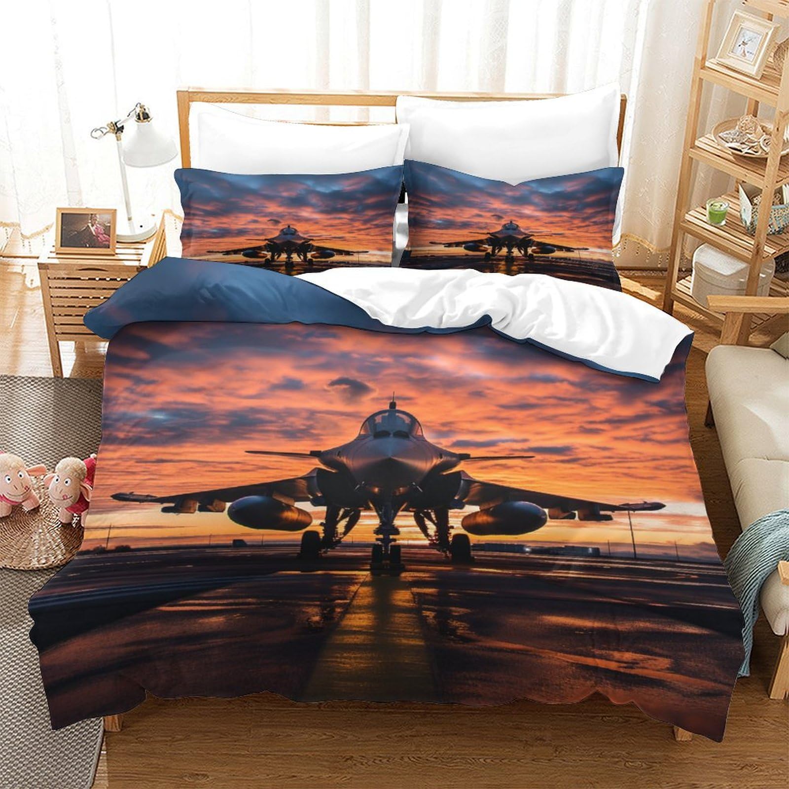 P1S9U7W5Y Sunset Aircraft 3D Printed Microfiber Duvet Cover Set 3pcs Aviation Theme Bedding Set Double（200x200cm）
