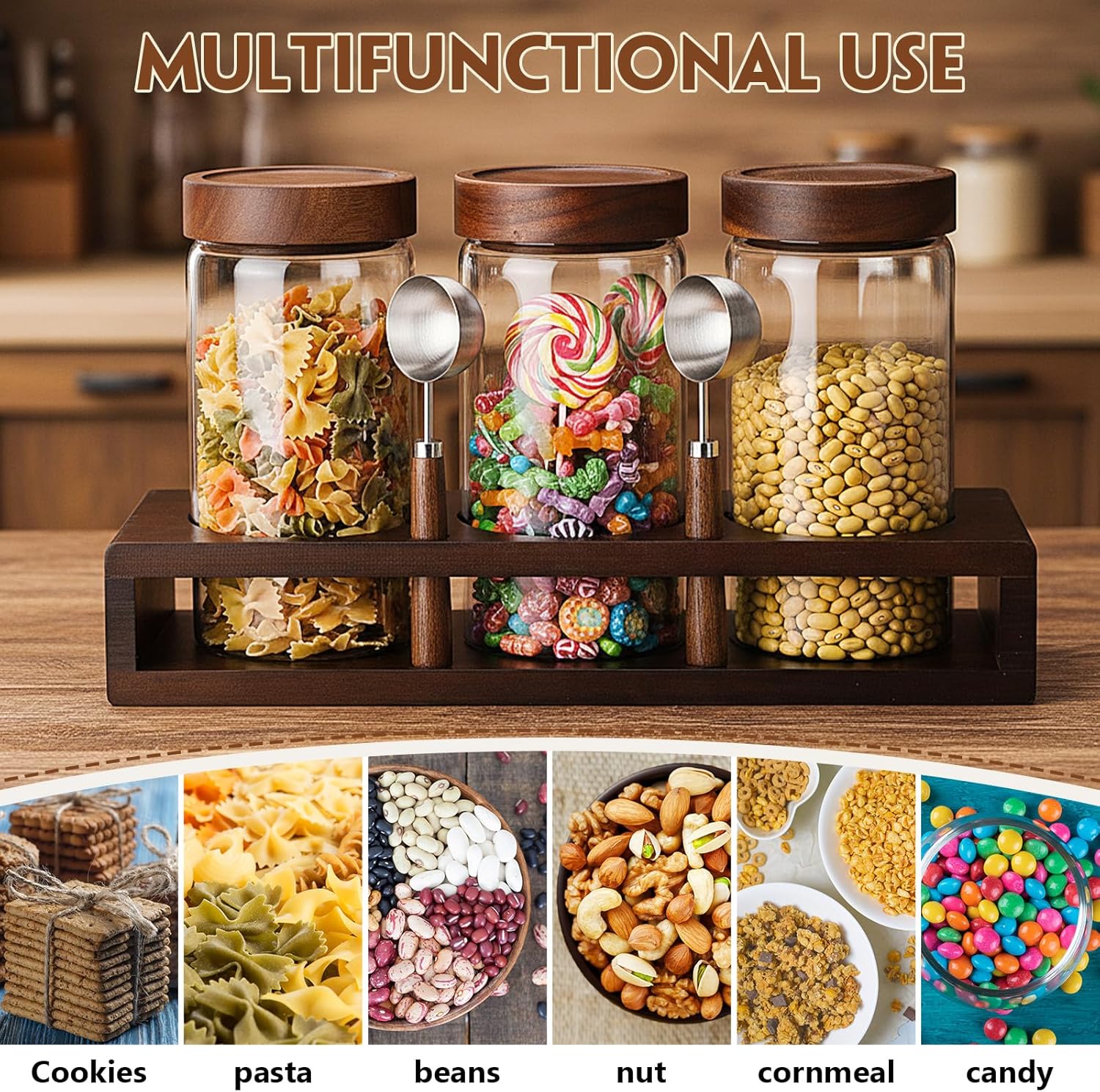 Suclain 3 Pcs Glass Coffee Bean Container 44 oz Airtight Coffee Canister with Shelf and Measuring Spoon Kitchen Food Canister Jar for Sugar Candy(Fashion Style)