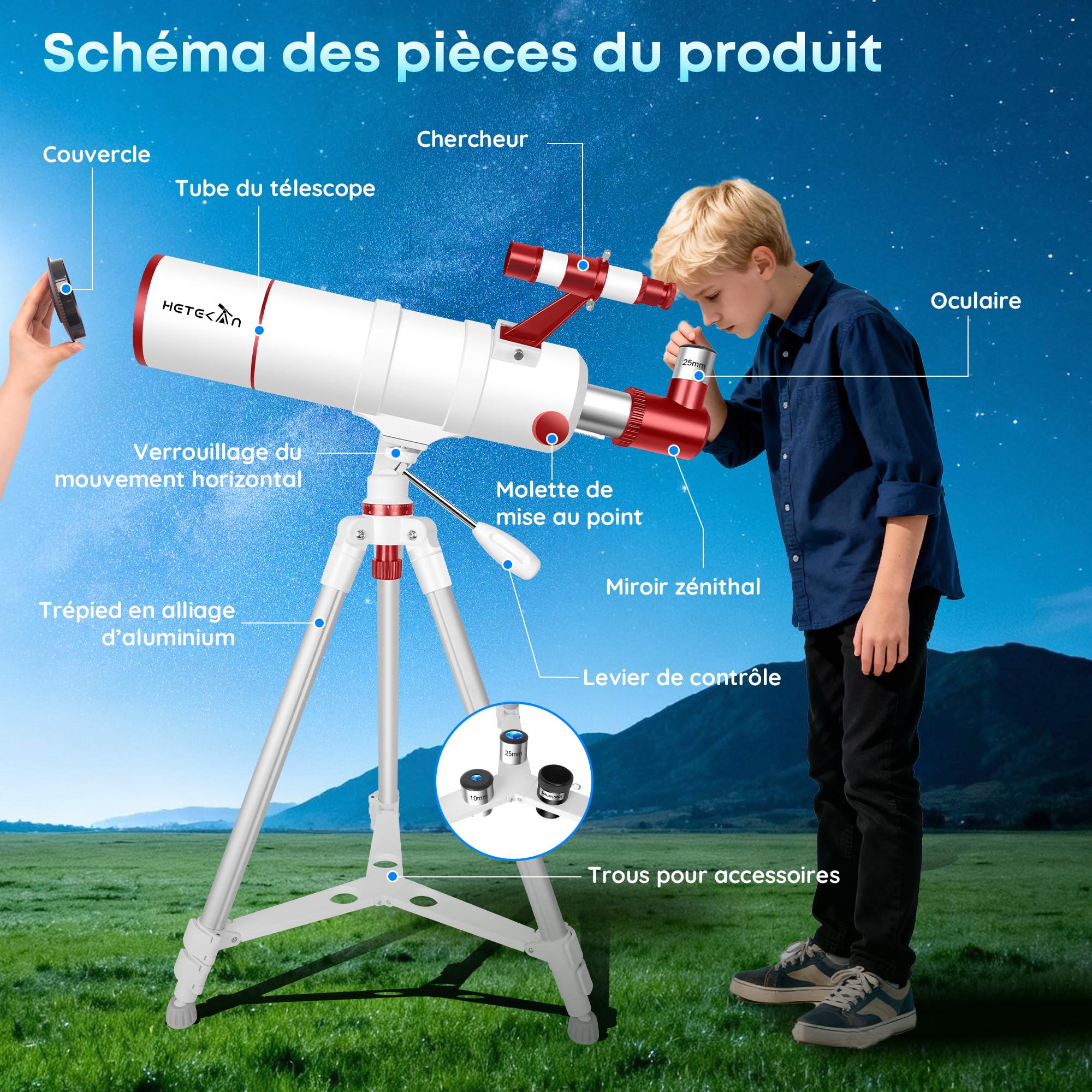 HETEKAN Télescope pour Adultes Enfants et Débutants, Réfracteur Portatif 90mm 550mm (22X-165X) avec Trépied AZ, Adaptateur Téléphone, Sac de Transport et Autocollants Décoratifs
