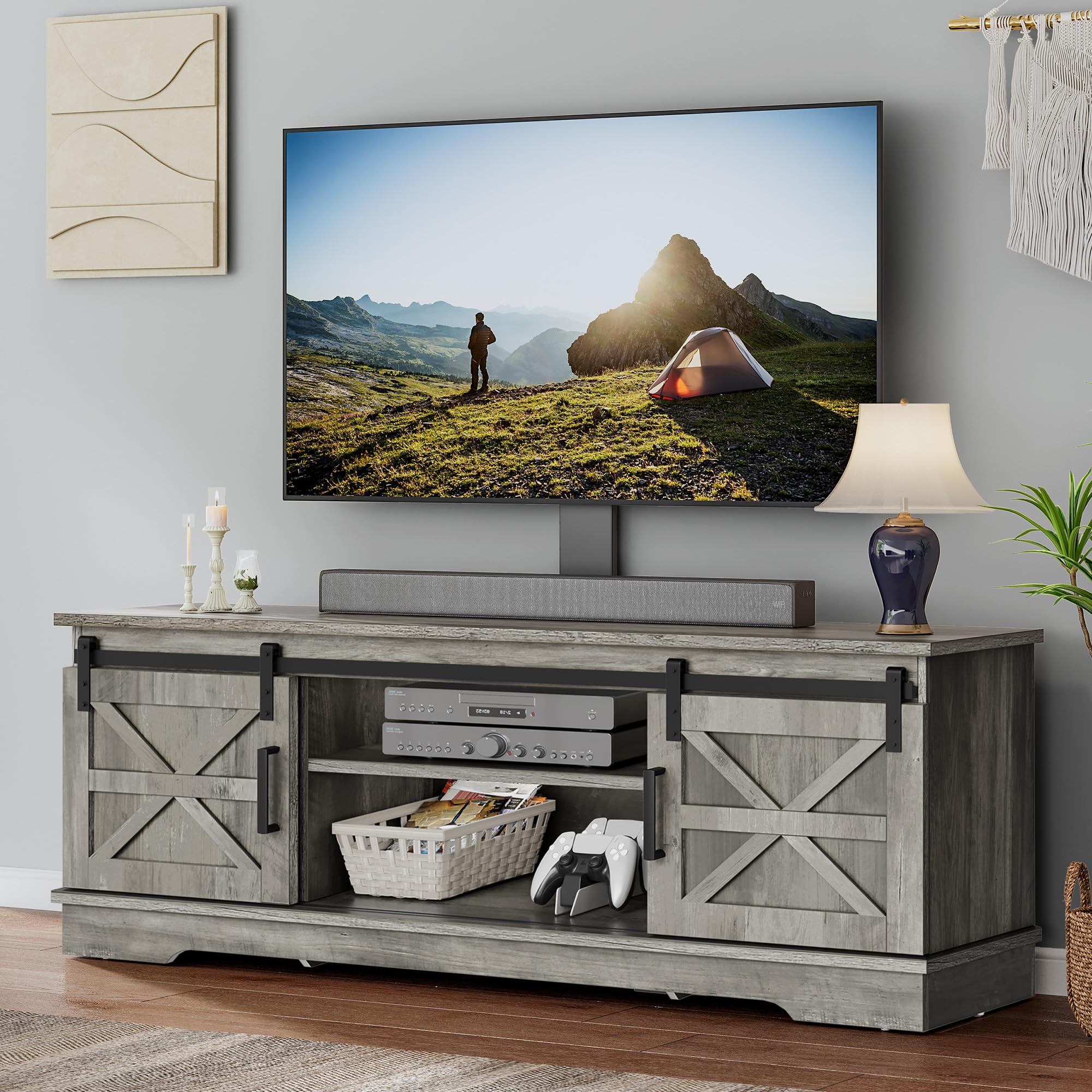 YITAHOME Farmhouse TV Stand for Living Room with Mount, Entertainment Center with 3 Height Adjustment for 32-70 inch TVs, Media Console Cabinet with Sliding Barn Door, Grey