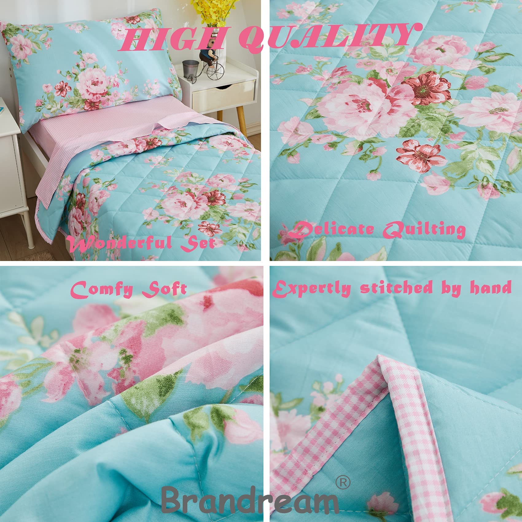 Brandream Juego de ropa de cama de algodón para niñas pequeñas en una bolsa, juego de edredón floral de jardín, juego de sábanas de cuadrícula rosa, 4 piezas