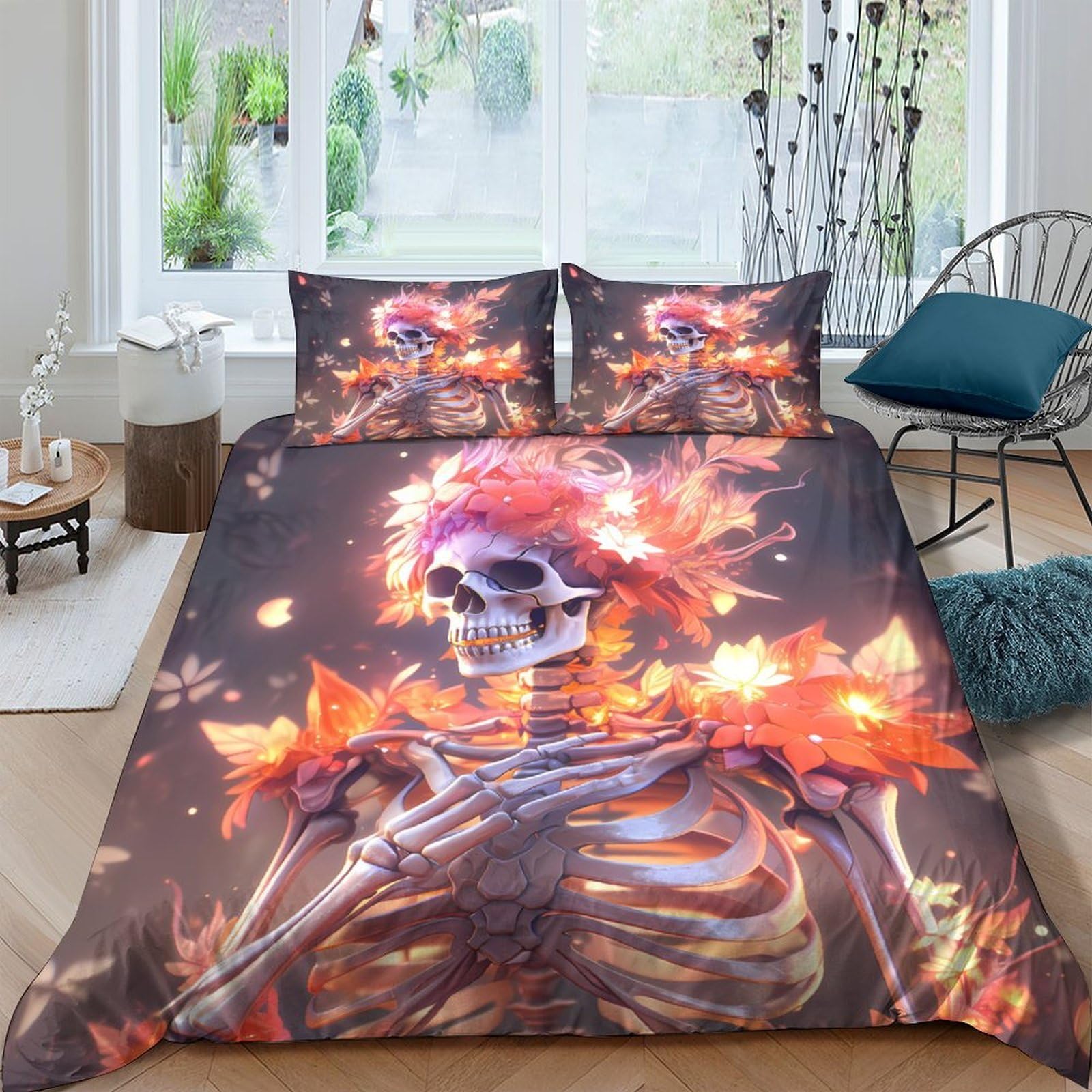 GPLZQXKJNH 3D Printed Flaming Skeleton Duvet Cover Microfiber Soft Breathable Burning Skull Bedding Set with 2 Pillowcases for Bedroom Decor Single（135x200cm）