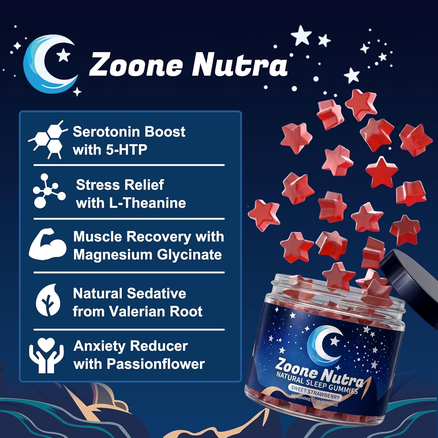 Sleep Gummies for Adults – Melatonin Free Gummies with 5-HTP, L-Theanine, Magnesium & Valerian Root – Vegan, Halal, Sugar & Gluten Free – Sweet Strawberry 60 Count