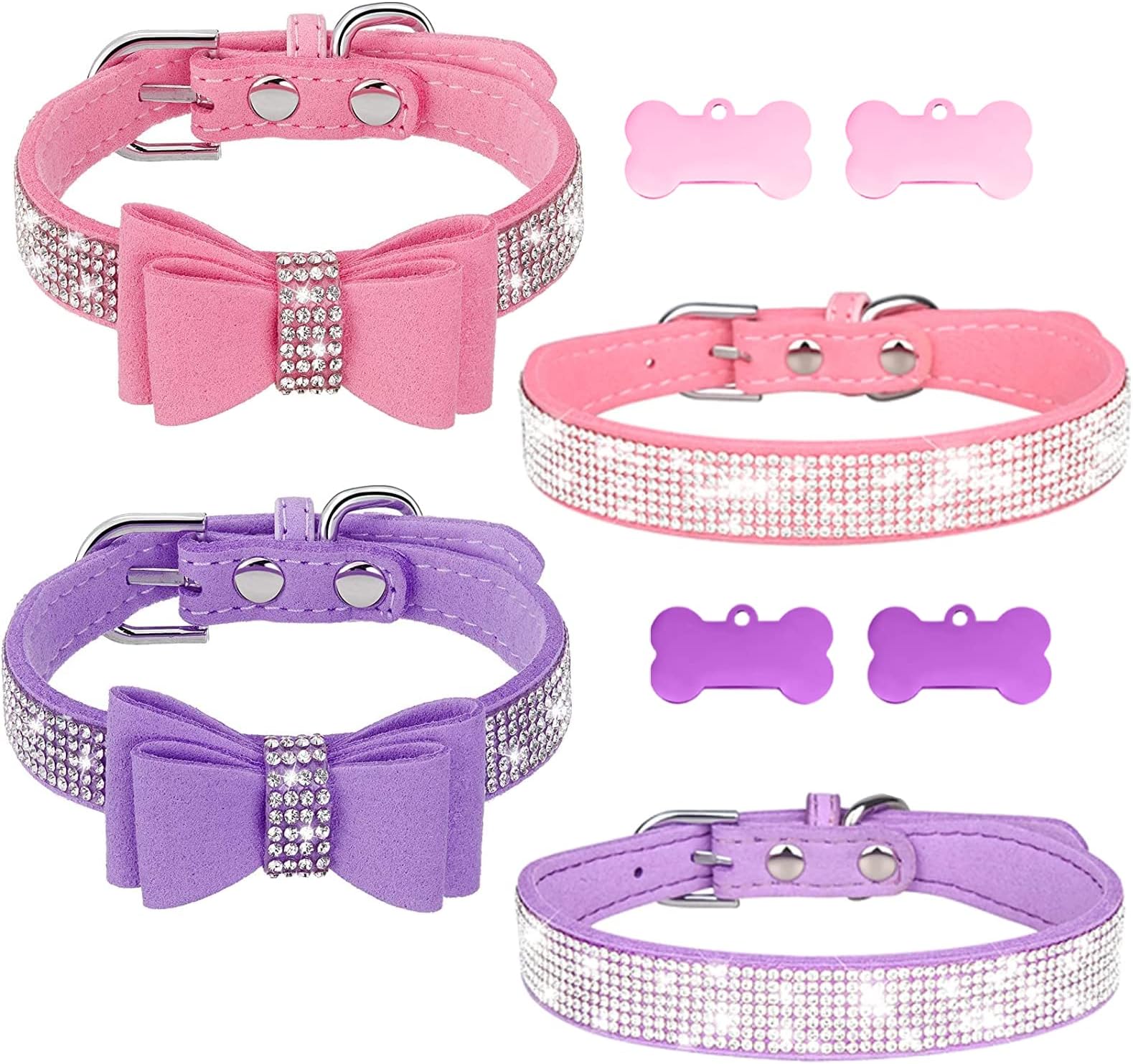 Diamond Dog Collar, GUOYIHUA 4 Pcs Soft Velvet Rhinestones Dog Cat Collar with Bow Adjustable Sparkly Crystal Bling Dog Collars with 4Pcs Bone ID Tags for Small Dogs, Cats, Kitten and Puppy (S)
