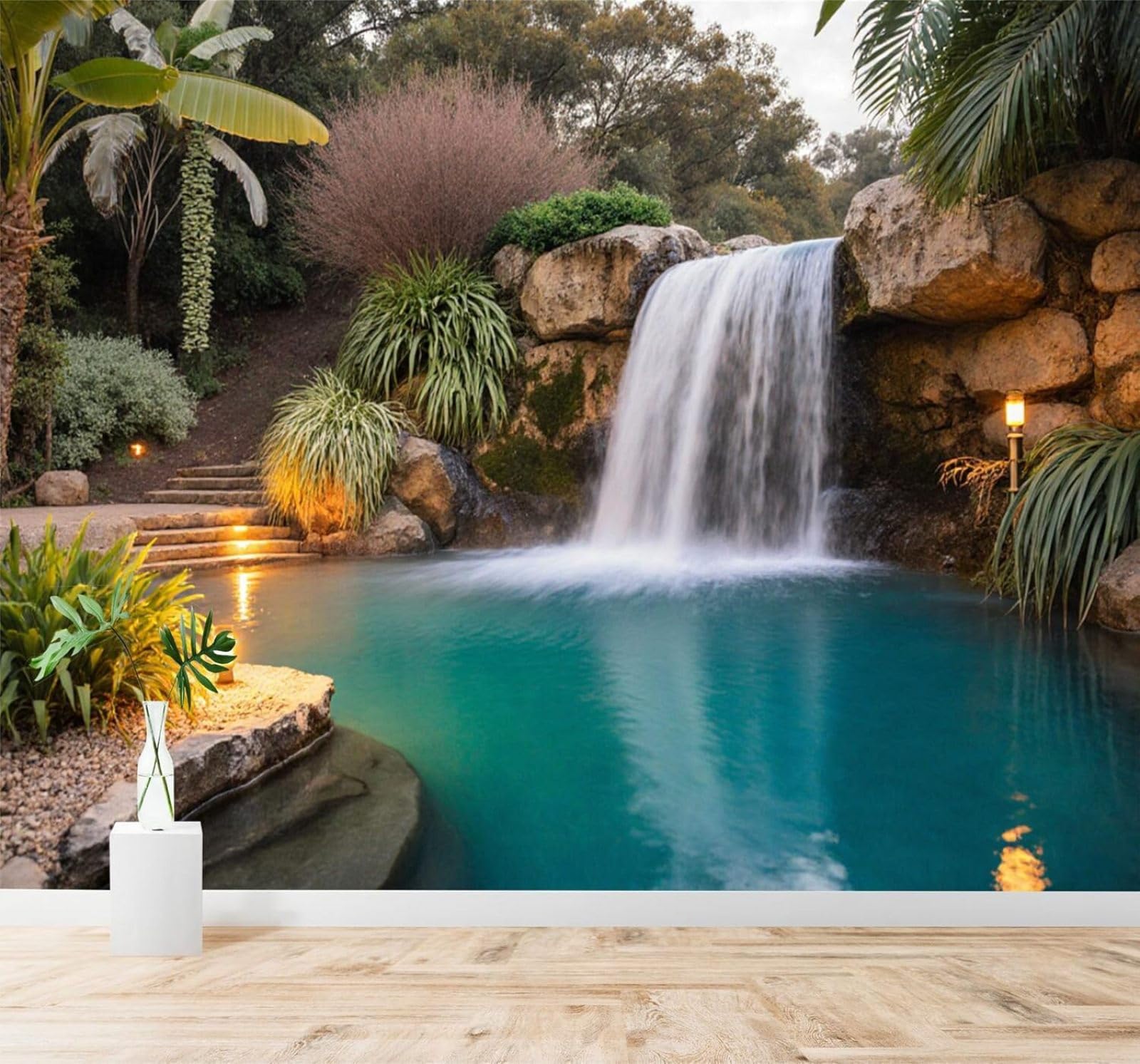 Xlming 350Cm×256Cm(B×H) Tropical Garden Waterfall Rocks Swimming Pool Greenery 3D Wallpaper Premium Textured Silk Study Dining Living Room Bedroom Sofa Tv Wall Easy Install-350Cm×256Cm