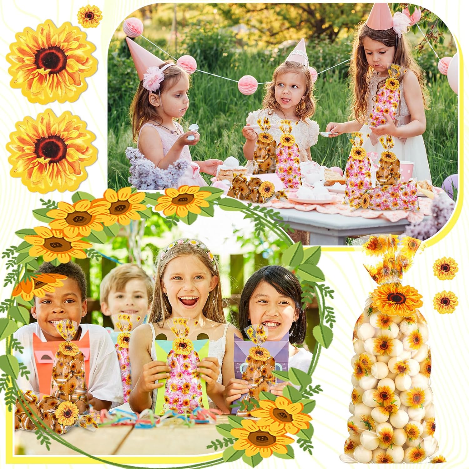 Gueevin 150 Set Sunflower Cellophane Treat Bags Bulk Goodie Candy Cookie Cello Bags with Twist Ties Gift Cards Party Favors for Party Supplies - Image 6