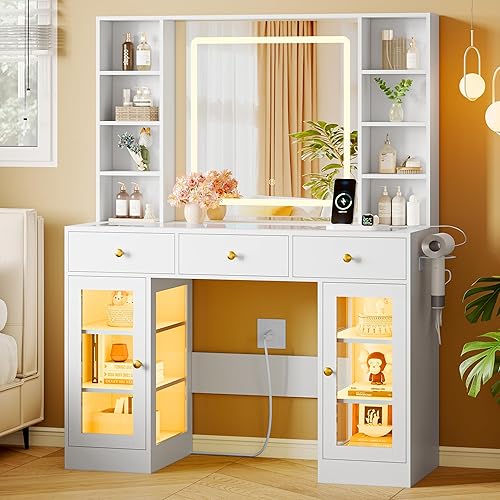 Miniatura 13 de Escritorio de tocador de maquillaje con espejo iluminado HD y toma de corriente, juego de mesa de tocador con parte superior de vidrio con cajones